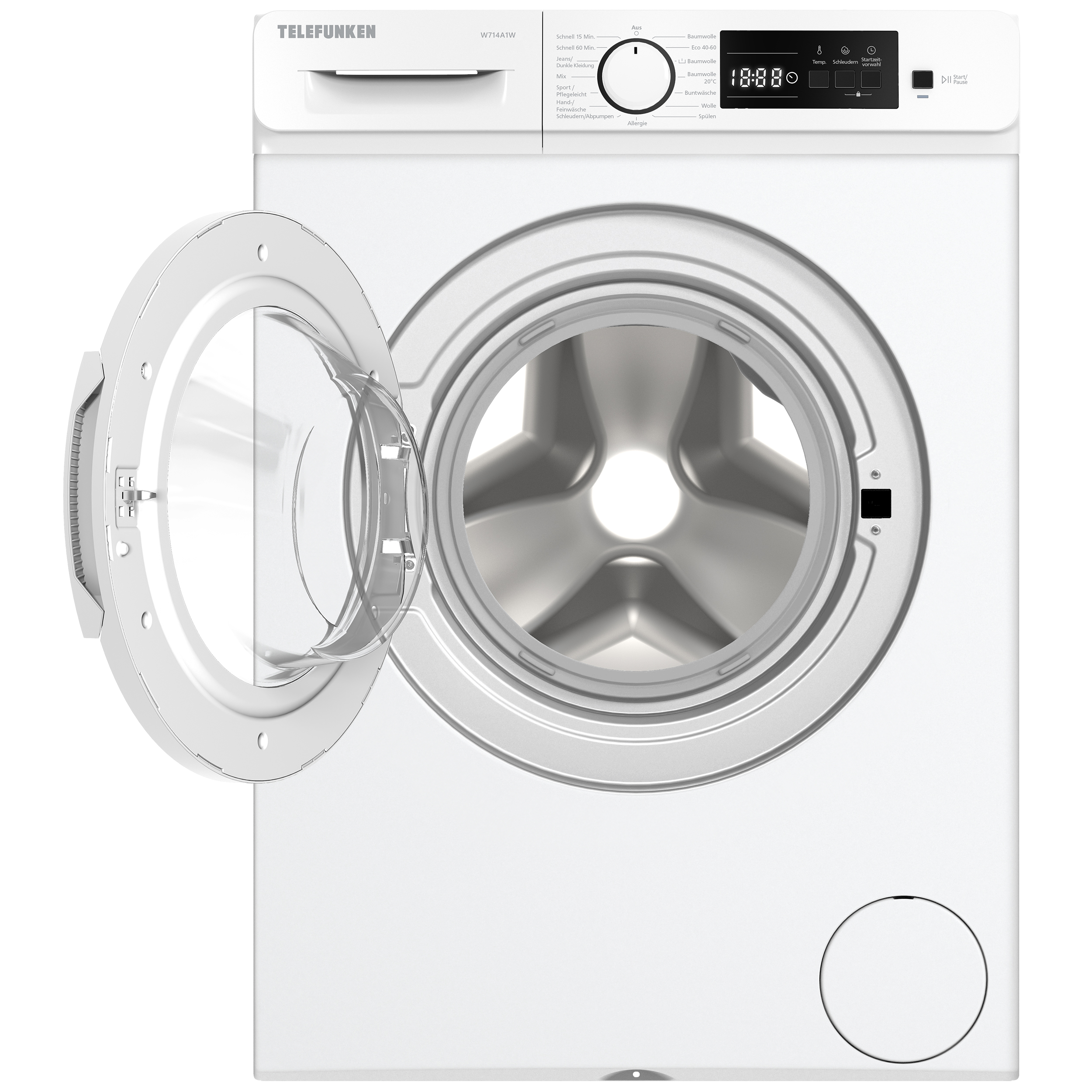 Weiße Waschmaschine mit offener Tür. Trommel innen sichtbar. Markenname Telefunken oben.