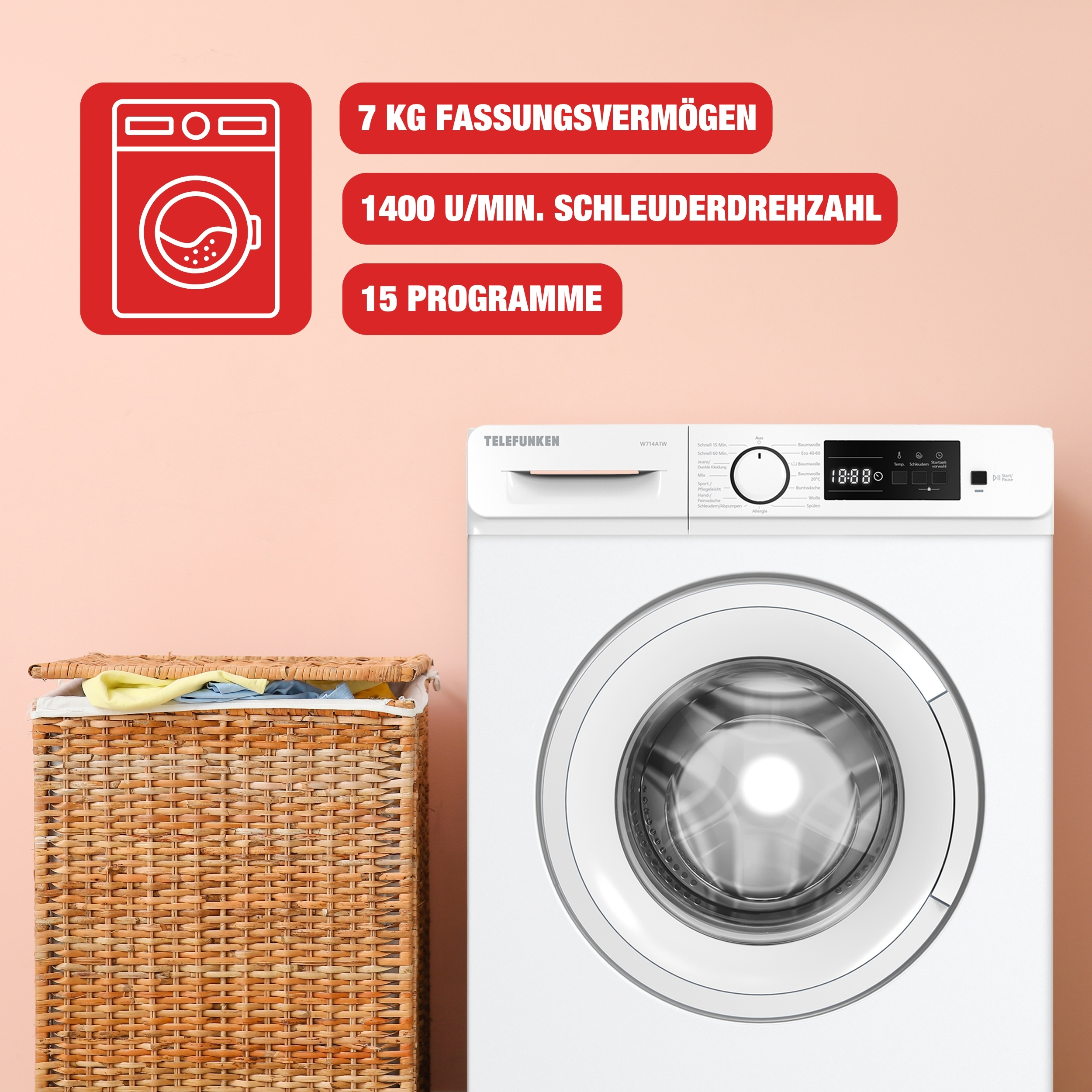 Weiße Waschmaschine, ein geflochtener Korb mit Wäsche und Text auf Deutsch über die Kapazität.
