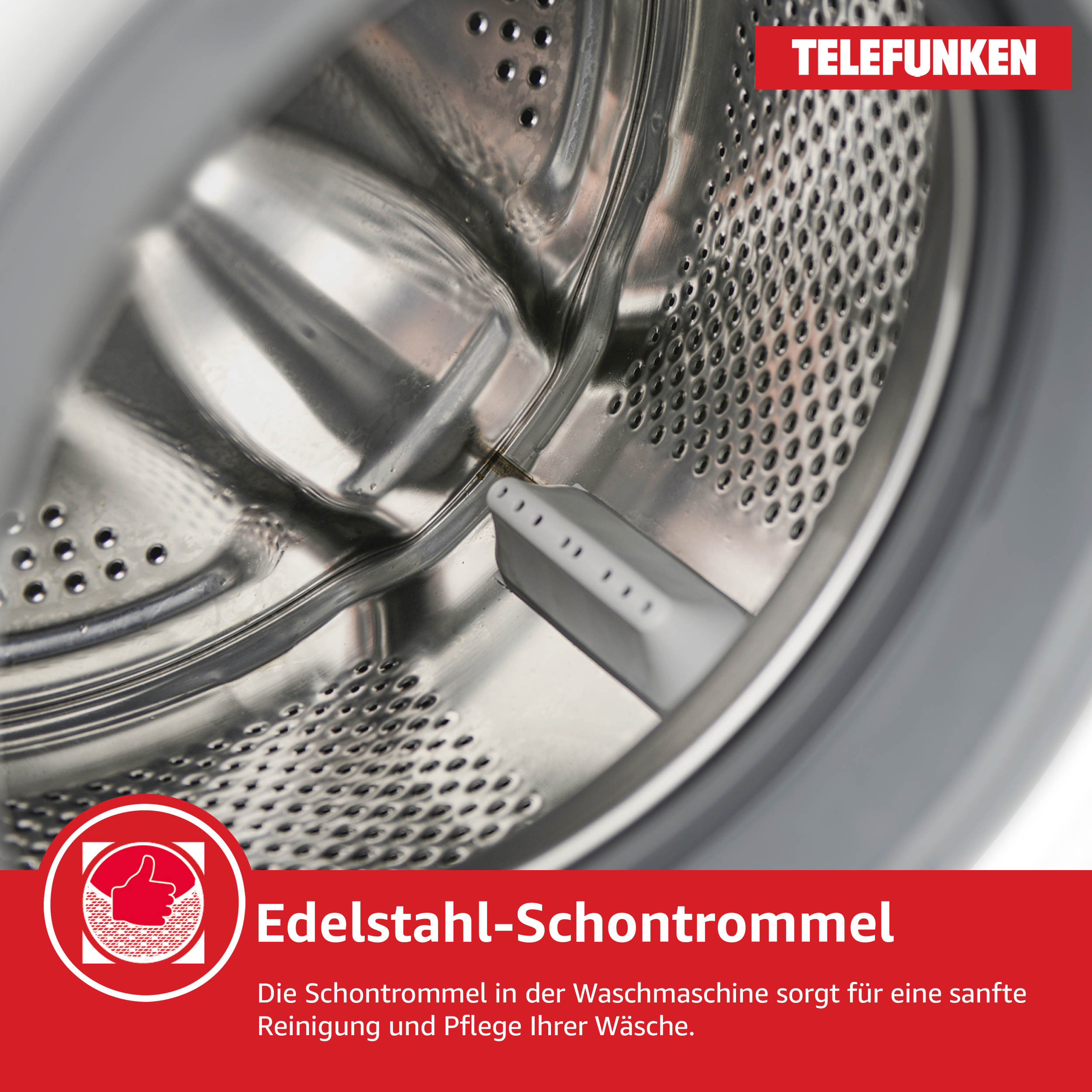 Waschmaschinentrommel-Innenraum. Die Innenseite ist aus Edelstahl und hat kleine Löcher.