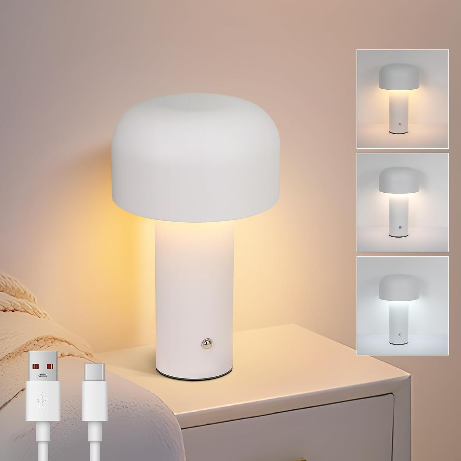 Biała lampa w kształcie grzyba na szafce nocnej, pokazująca różne ustawienia światła, z kablem USB w pobliżu.