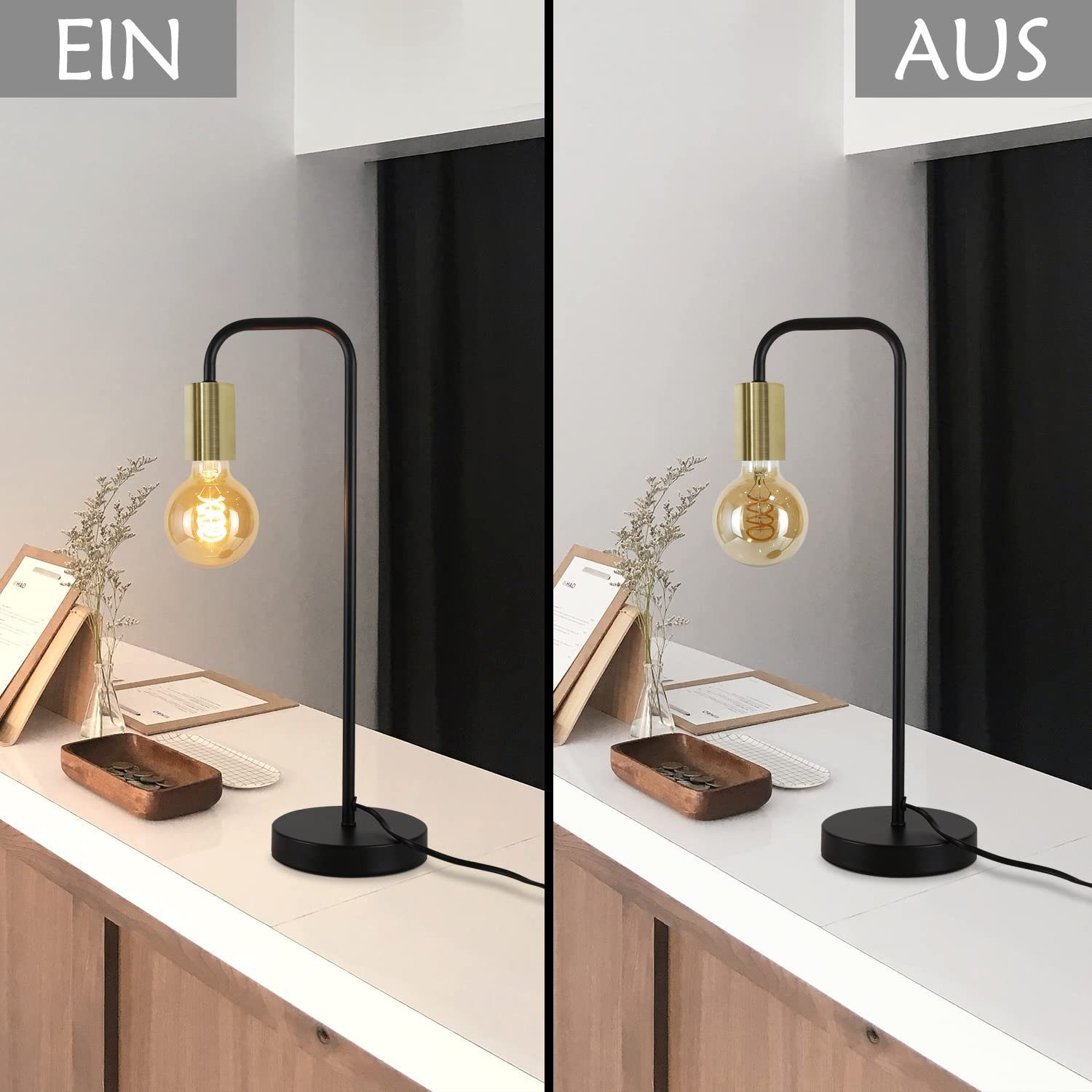 Dwa obrazy czarnej lampy, jeden włączony i jeden wyłączony, z drewnianą tacą i książkami.