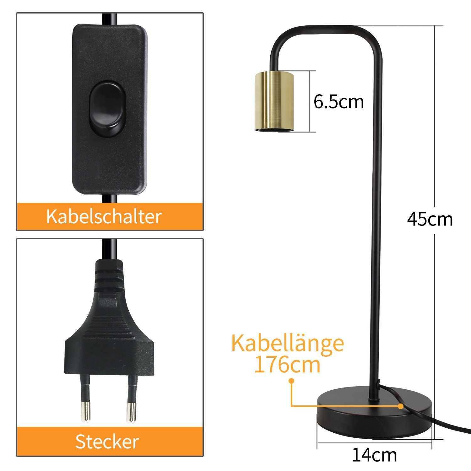 Czarna lampa biurkowa ze złotym kloszem, włącznikiem i wtyczką.