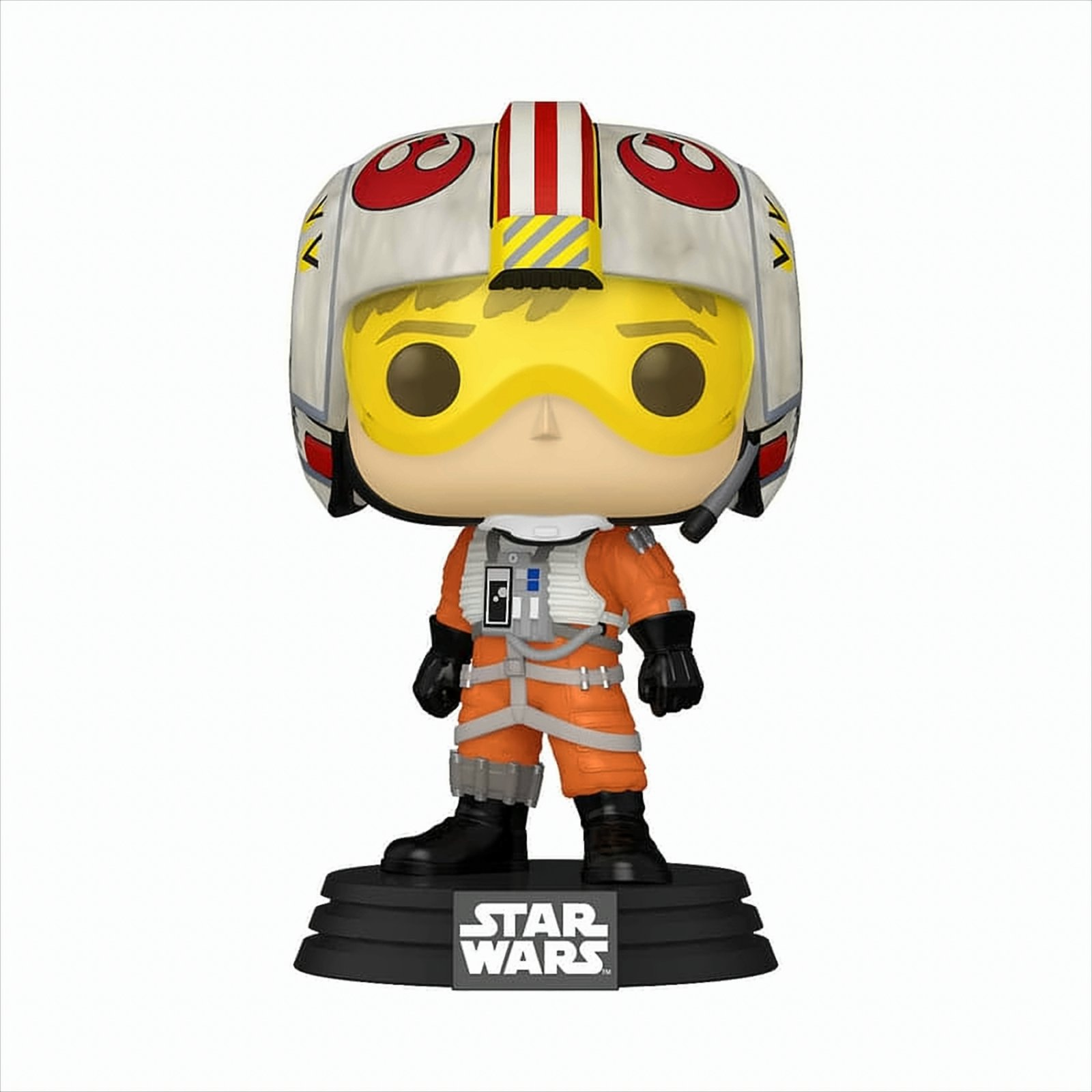 Eine Star Wars Luke Skywalker Funko Pop Figur, die einen Helm und einen orangefarbenen Fluganzug trägt.