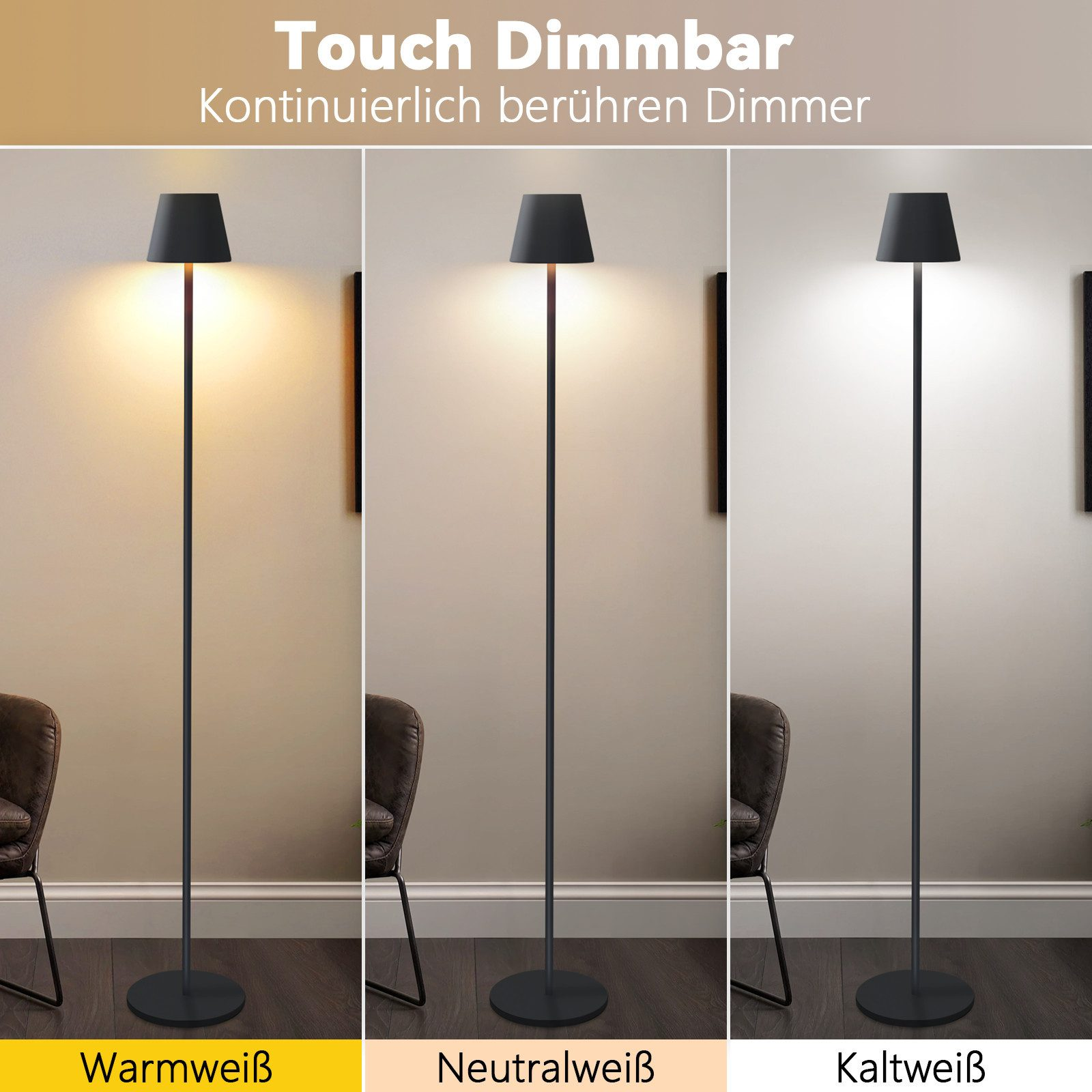 Tres imágenes de una lámpara de pie con diferentes configuraciones de luz.