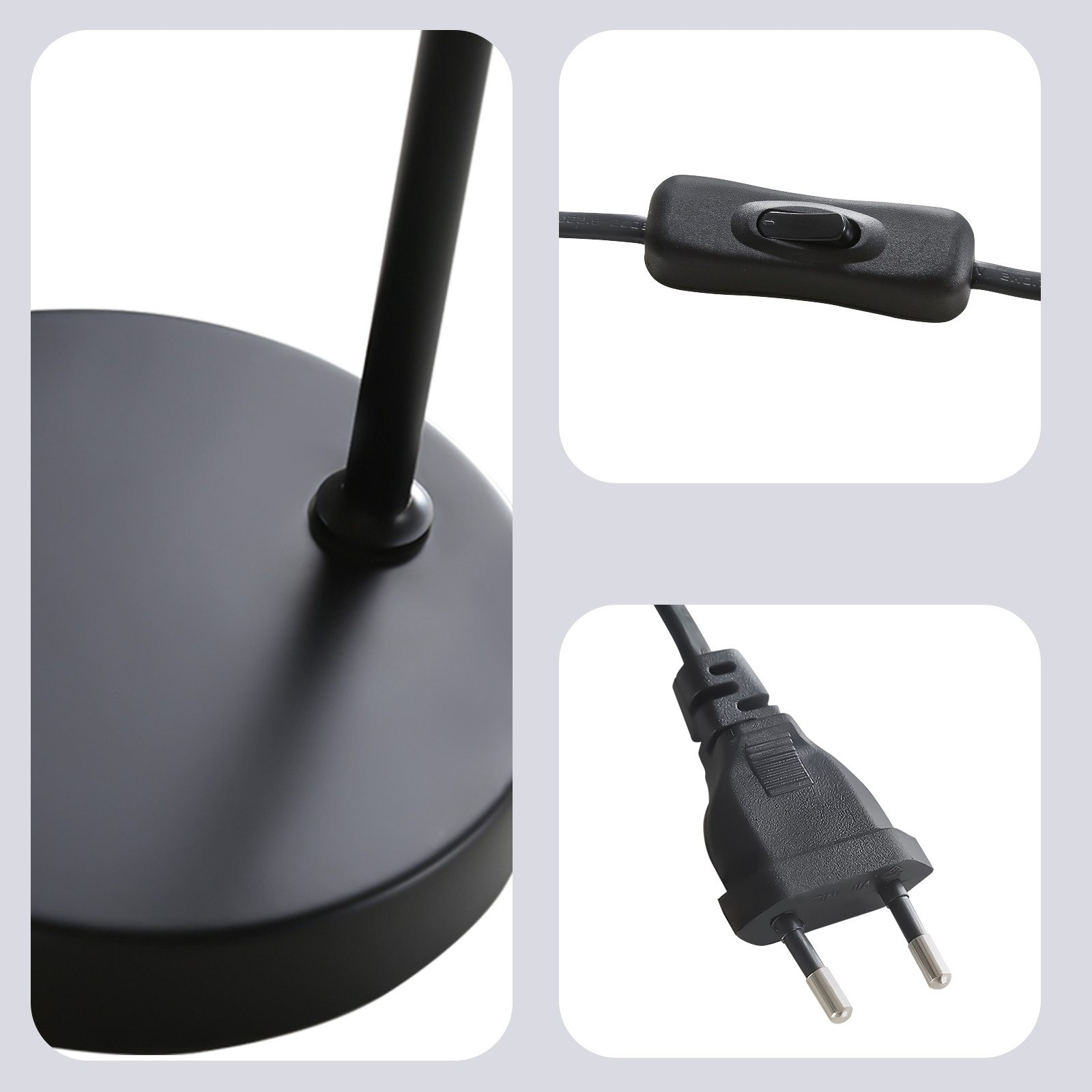 Zbliżenia czarnej podstawy lampy, przełącznika na kablu i wtyczki.