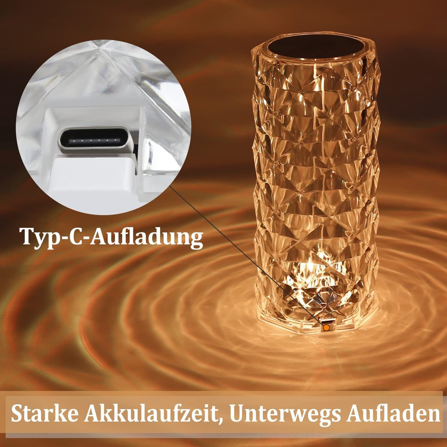 Kryształowa lampa z portem ładowania. Tekst mówi o ładowaniu i długiej żywotności baterii.