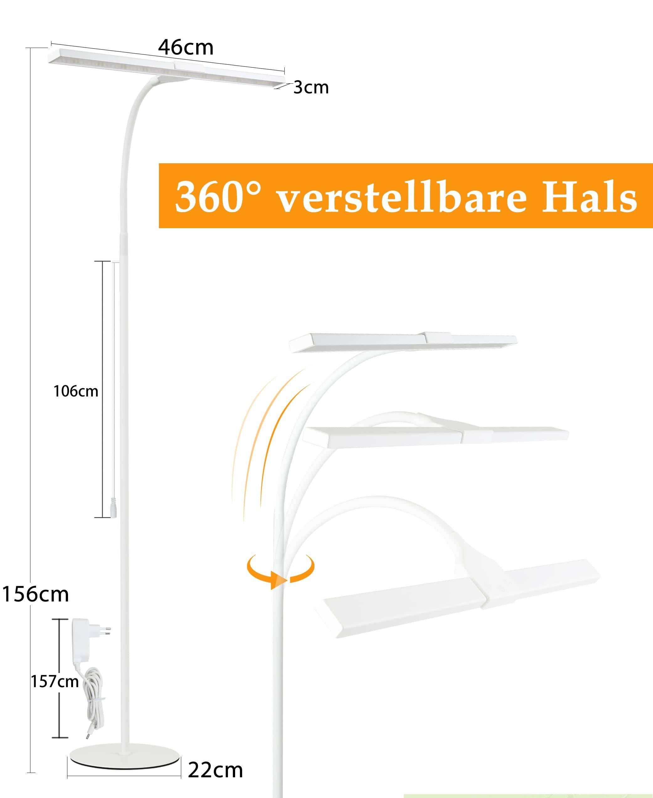 Lampada da terra bianca con testa regolabile e dimensioni indicate. Testo: collo regolabile a 360°.