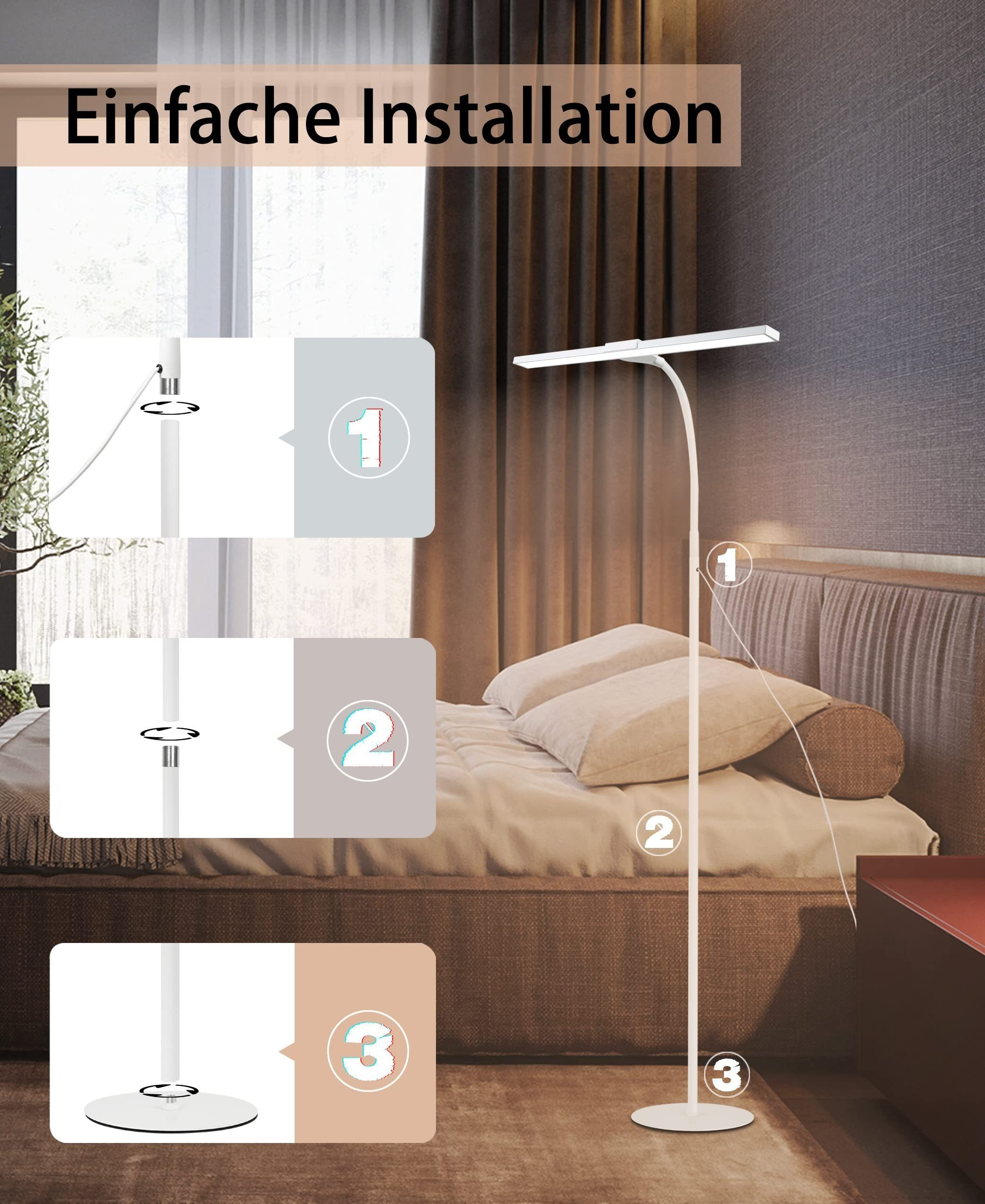 Istruzioni per una lampada da terra. Vengono mostrati tre passaggi, con un letto e una finestra sullo sfondo.