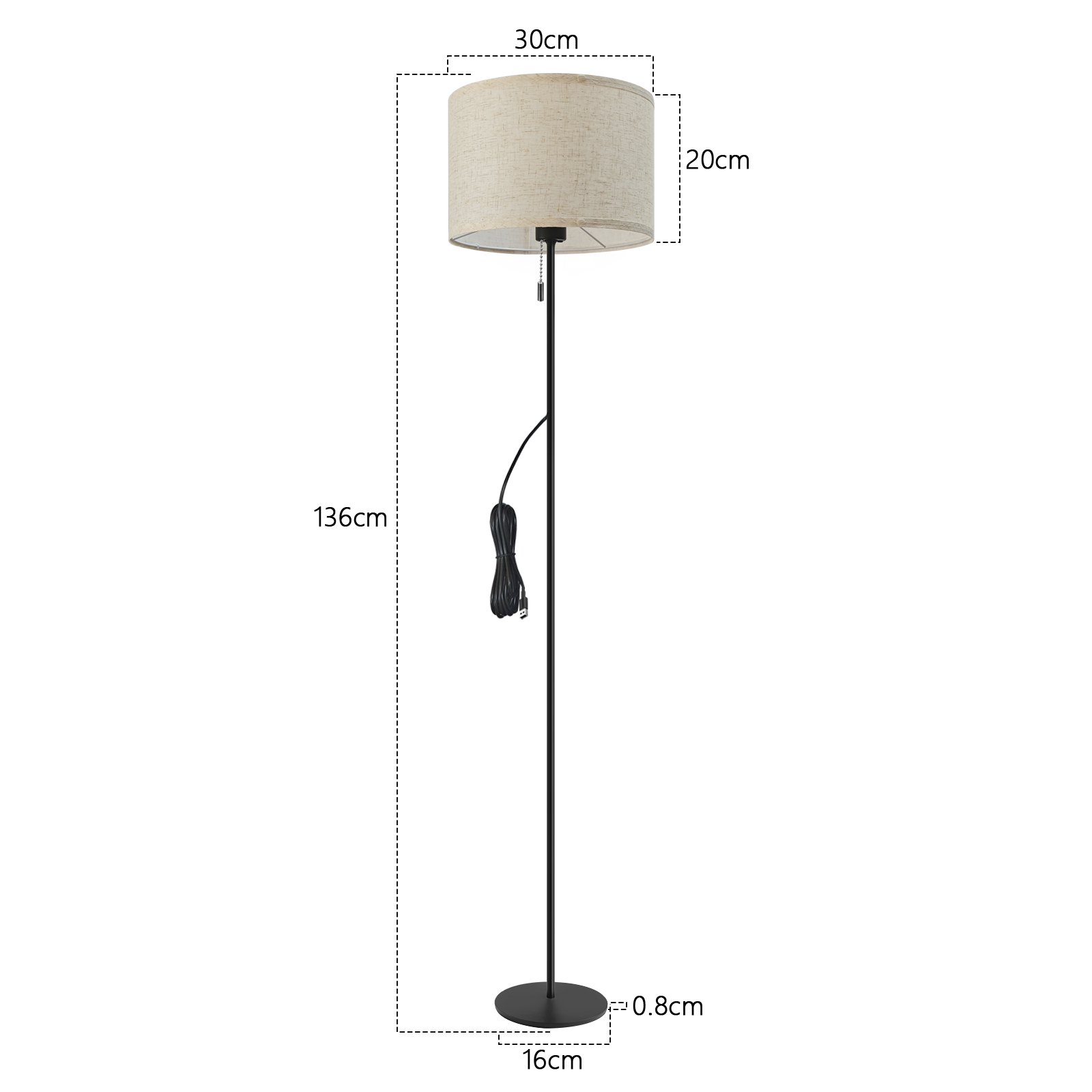 Wysoka czarna lampa podłogowa z beżowym abażurem. Wymiary są zaznaczone na zdjęciu.