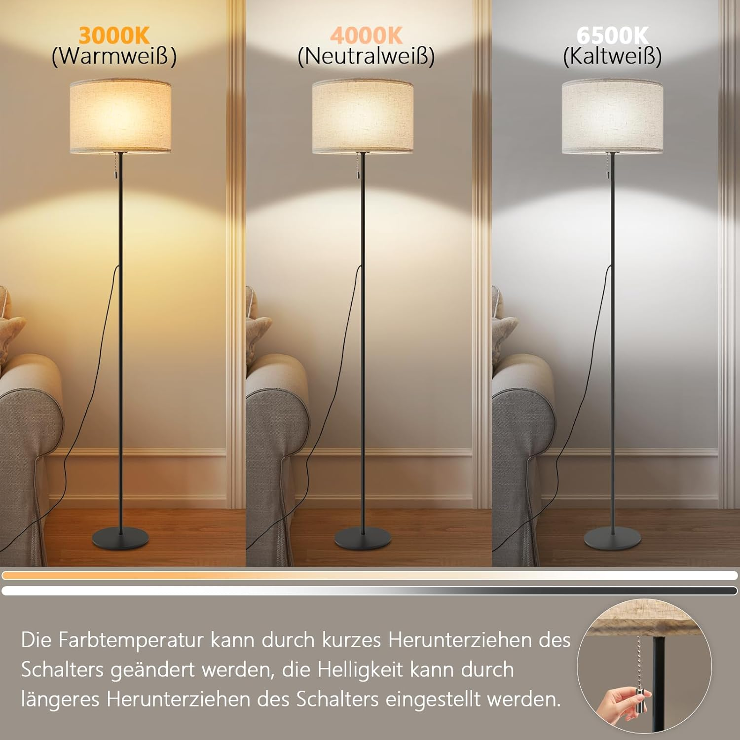 Trzy lampy podłogowe o różnych temperaturach barwowych. Każda lampa stoi obok sofy. Różne ustawienia światła.