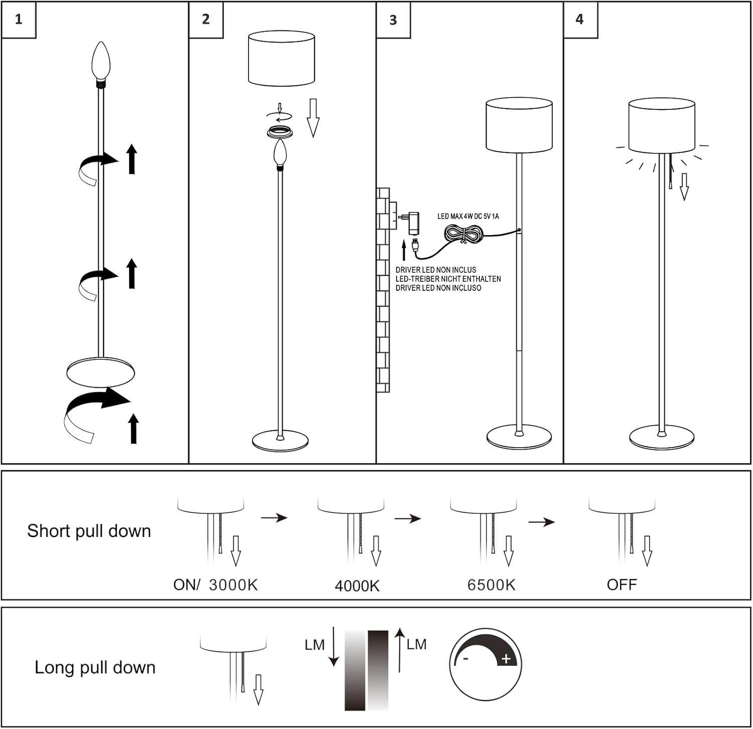 Montageanleitung. Eine Lampe wird Schritt für Schritt zusammengebaut. Schirm, Oberteil und Sockel sind beteiligt.