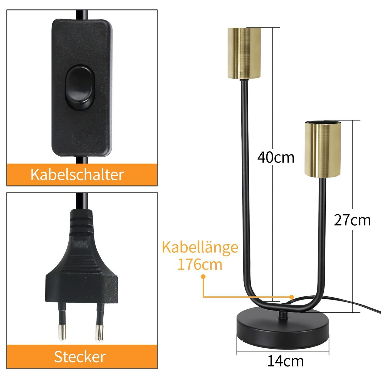 Czarna i złota lampa biurkowa z wymiarami, przełącznikiem i wtyczką.