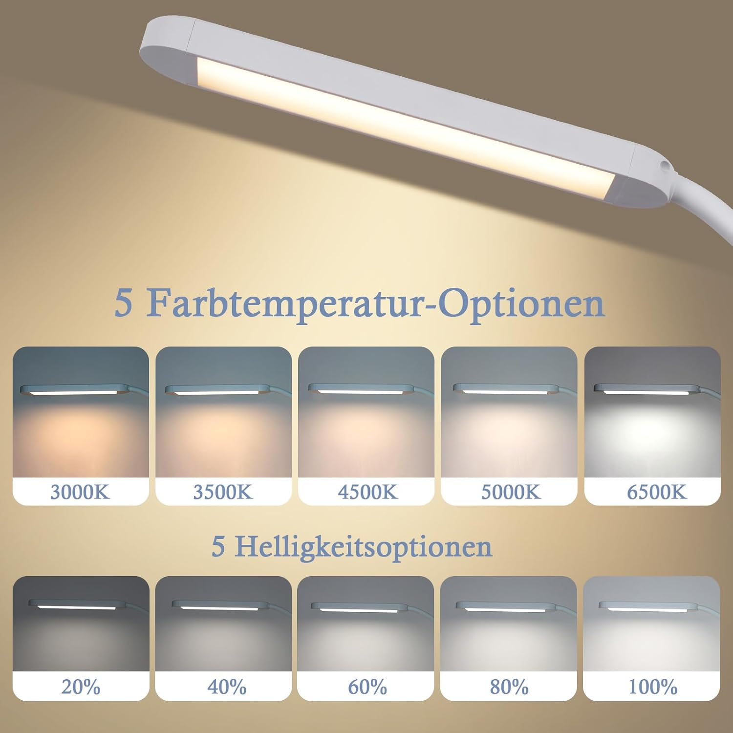 Biała lampa biurkowa z 5 opcjami jasności i 5 temperaturami barwowymi. Wyświetlane są ustawienia.