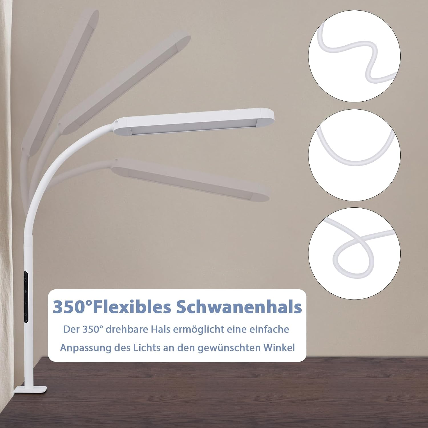 Biała lampa z elastyczną szyjką z trzema białymi kablami na beżowej ścianie.