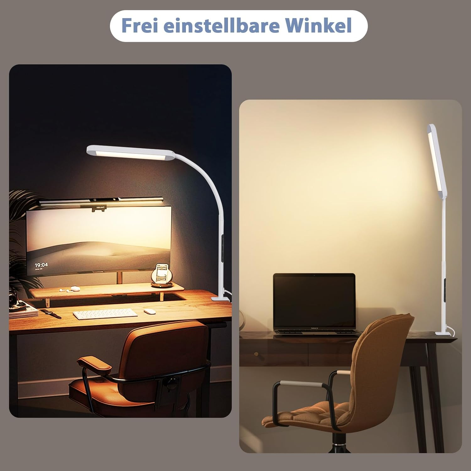 Podzielony obraz z lampą biurkową. Po lewej scena biurowa. Po prawej lampa podłogowa.