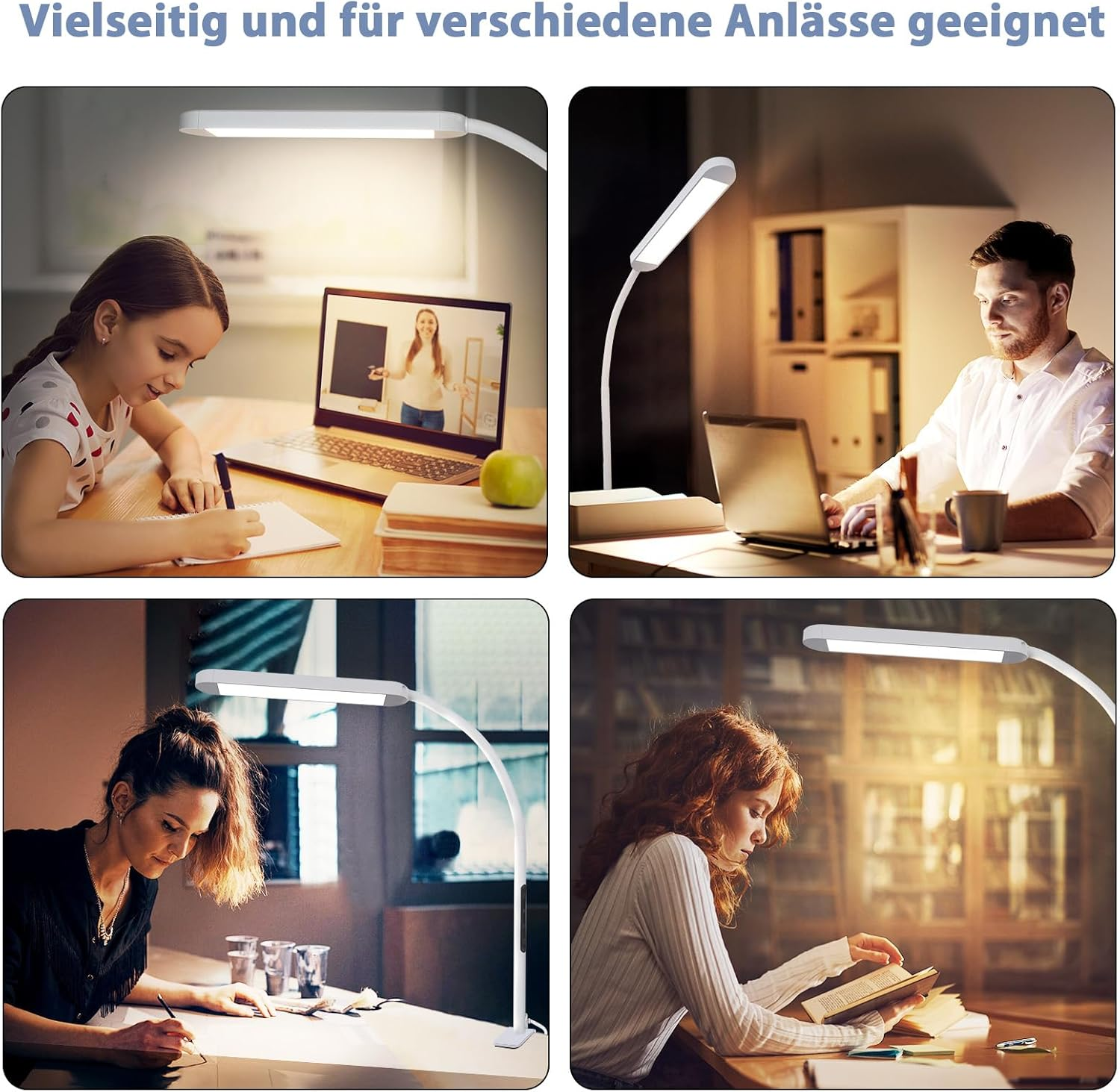 Cztery sceny ludzi używających lamp biurkowych do czytania, pracy i nauki.