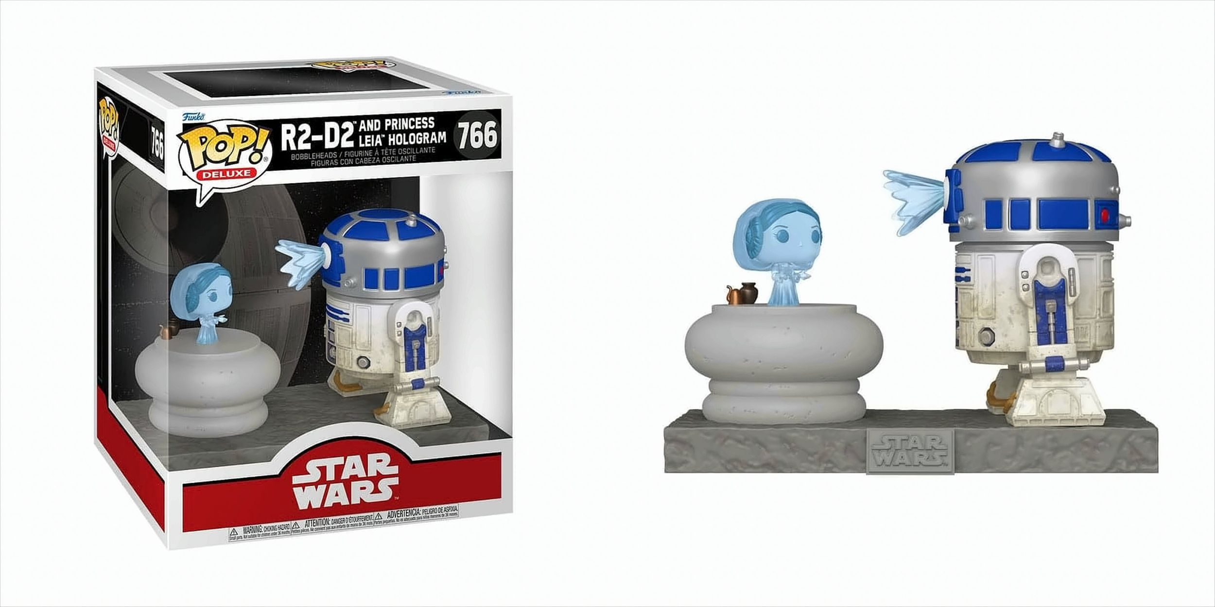 Star Wars R2-D2 Figur und Prinzessin Leia Hologramm. Box links, Display rechts.