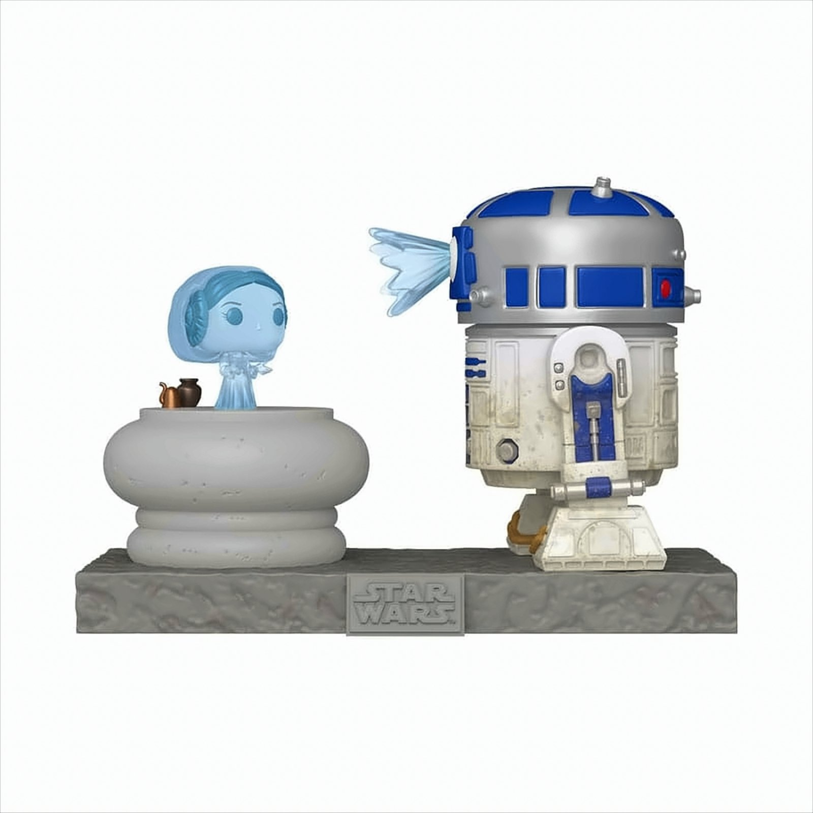 Star Wars Figuren: Prinzessin Leia Hologramm und R2-D2. Beide stehen auf einem Sockel. Ein klarer Lichtstrahl kommt heraus.