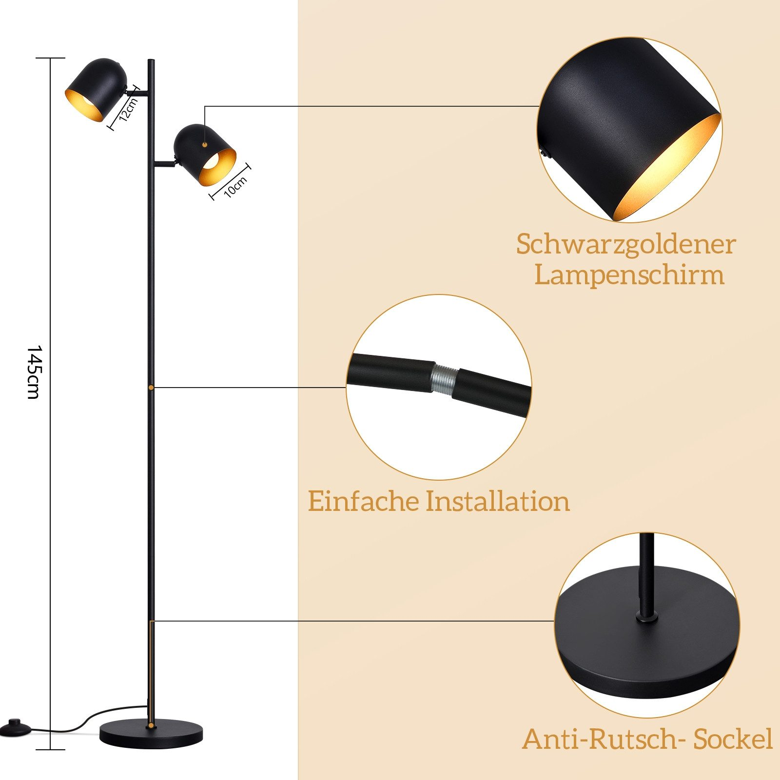 Lampada da terra nera con due faretti regolabili e base circolare, con etichette.