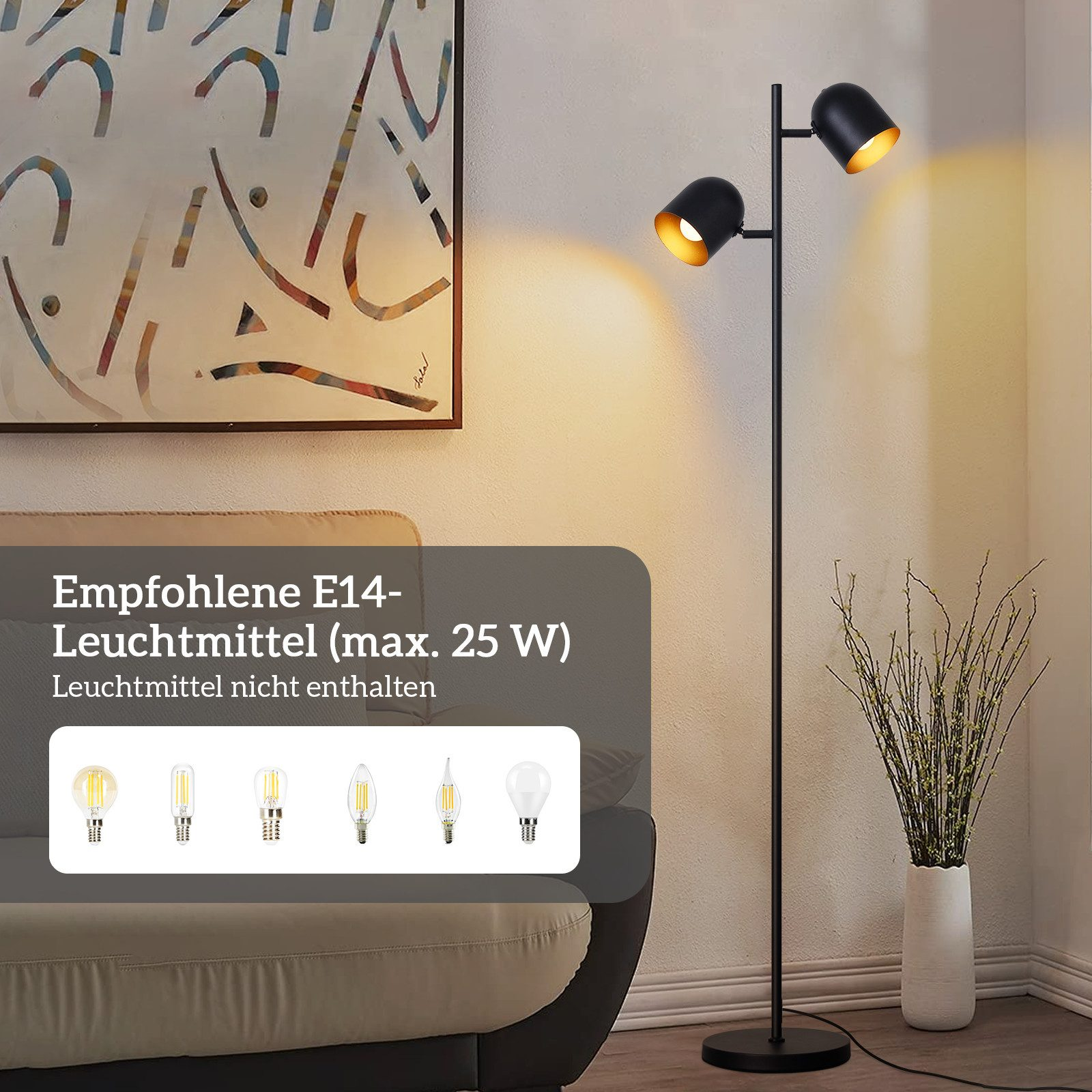 Lampada da terra nera con due luci regolabili. Lampadine e specifiche nell'immagine.