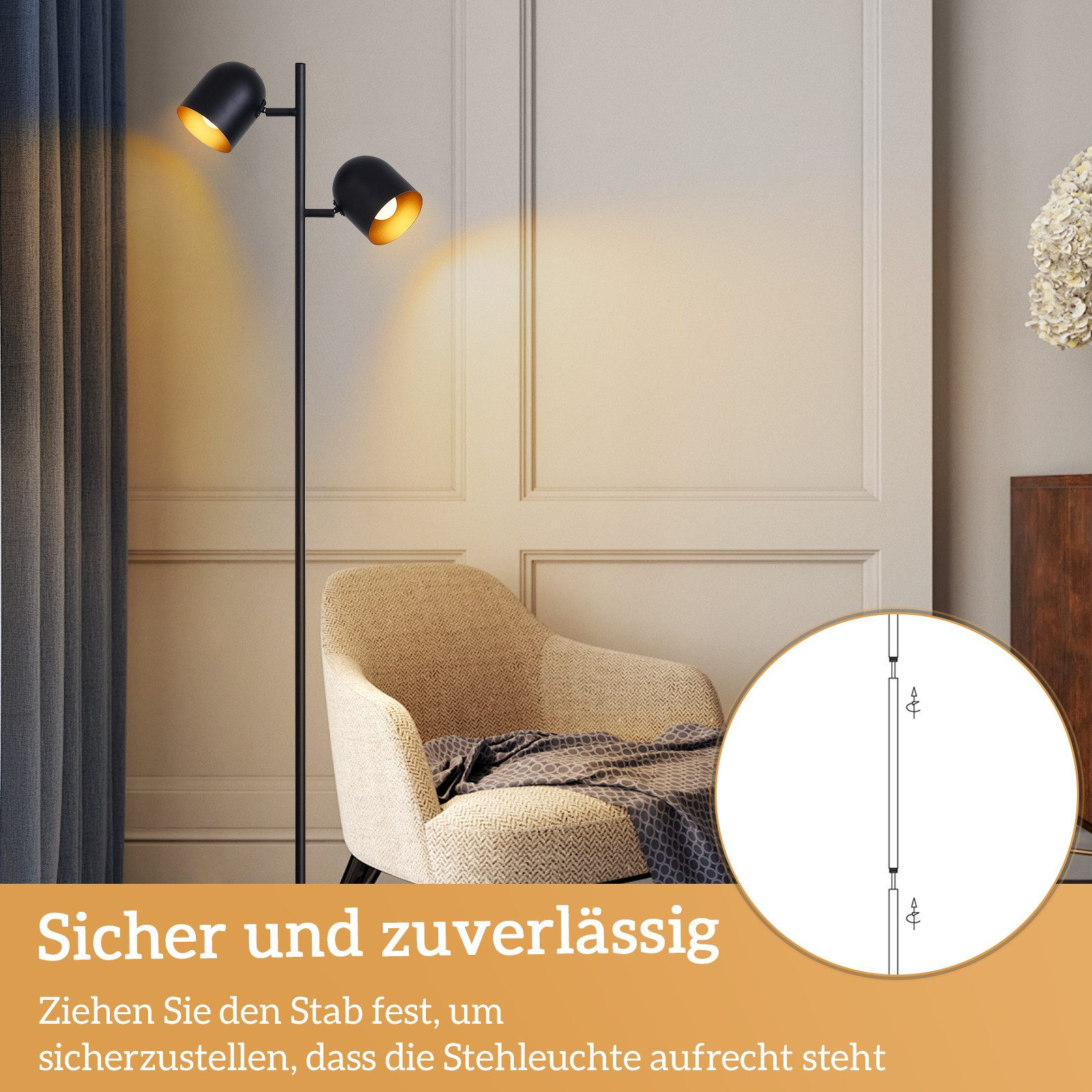 Lampada da terra nera con due faretti e una poltrona beige.