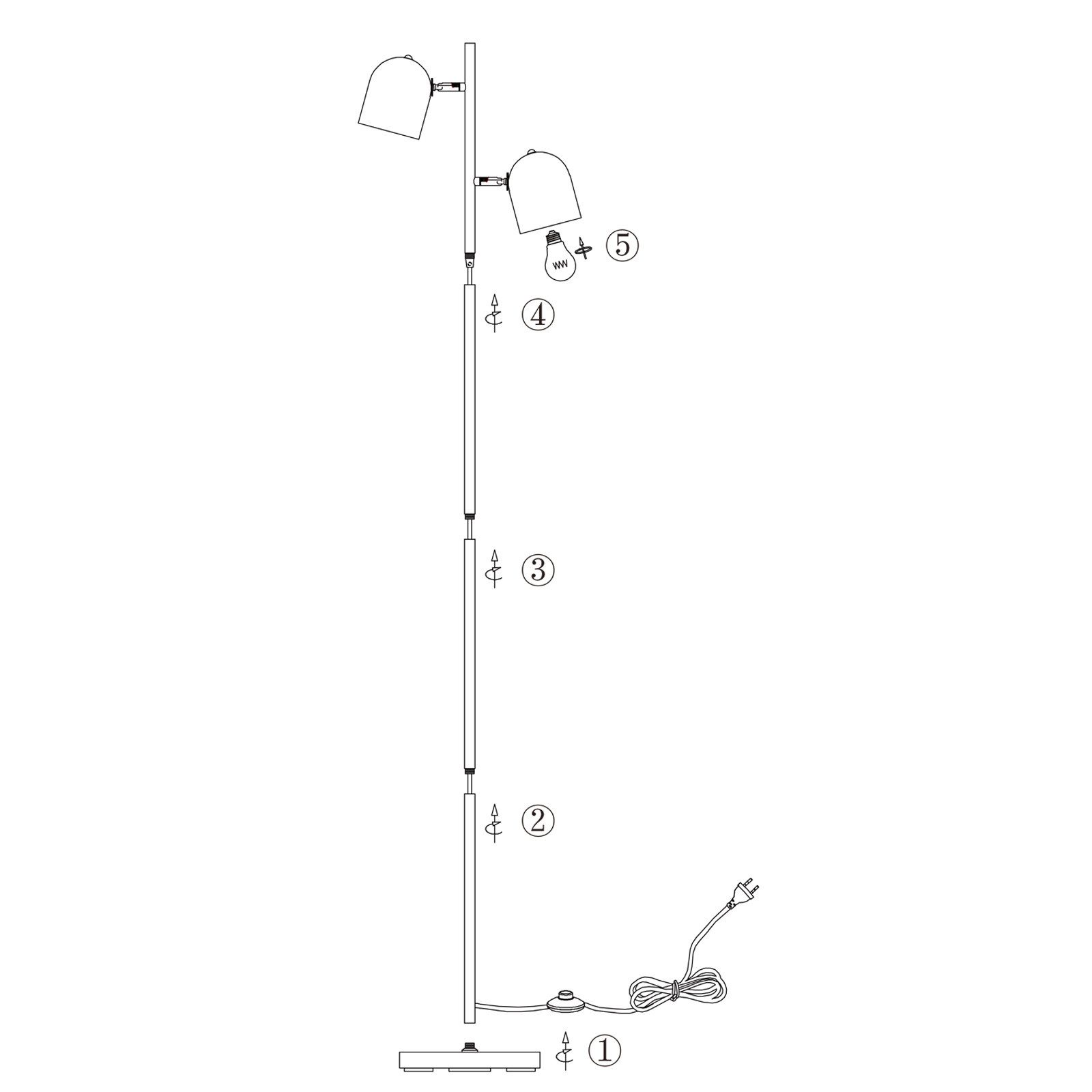 Diagramma di una lampada da terra con componenti numerati. Sfondo bianco e stile lineare.