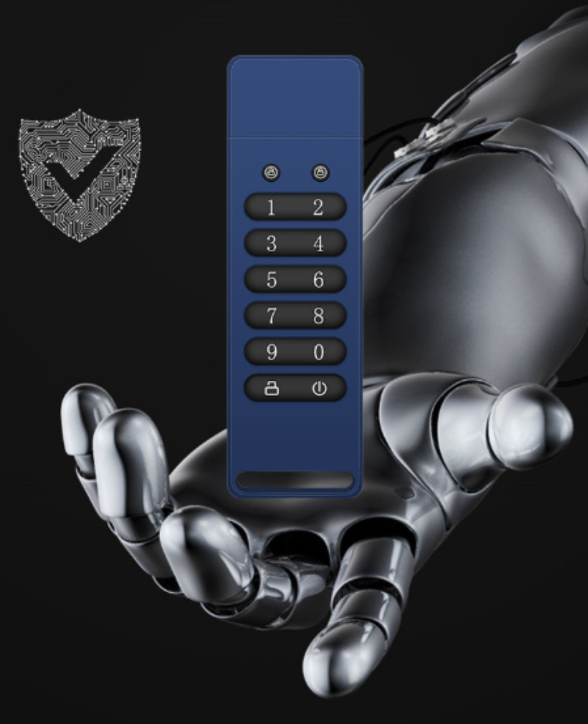 Eine blaue digitale Tastatur, die von einer metallischen Roboterhand gehalten wird, mit einem Sicherheits-Schild-Symbol.