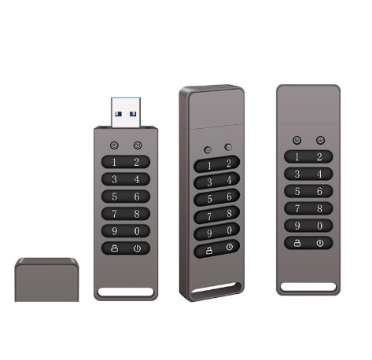 Drei USB-Sticks mit Tastaturen zur Eingabe von Passwörtern, einer mit abgenommener Abdeckung.