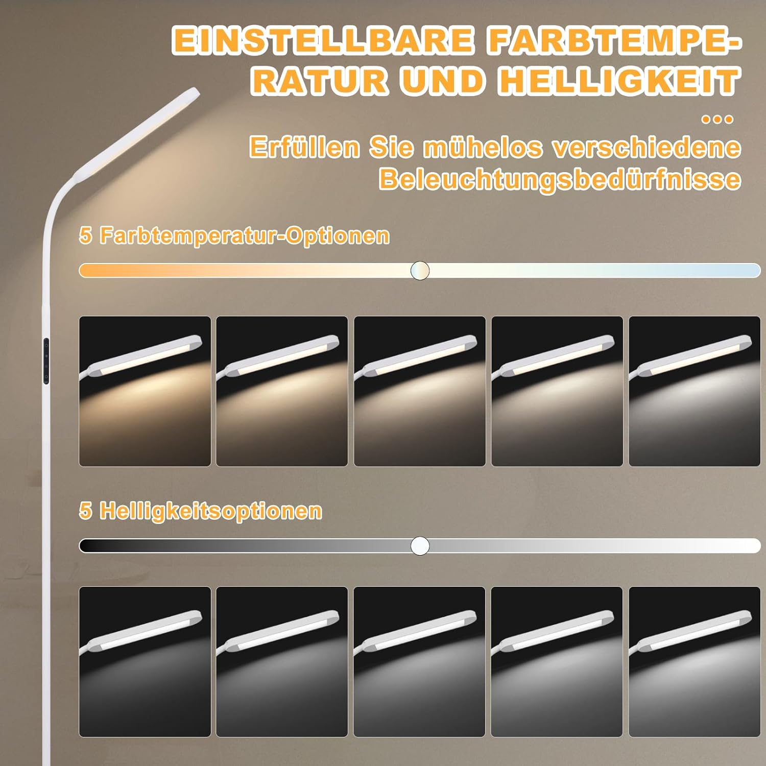 Lámpara blanca ajustable con opciones de luz en pantalla.
