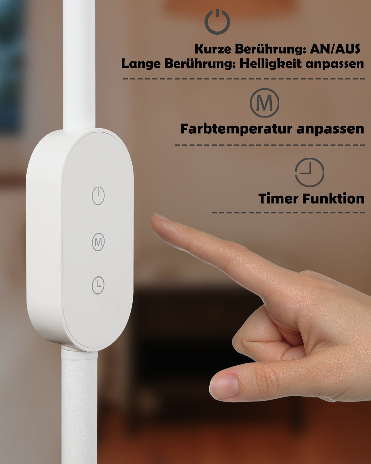 Una mano tocca un pannello di controllo con pulsanti. Il pannello è bianco ei pulsanti sono per la luce e il timer.