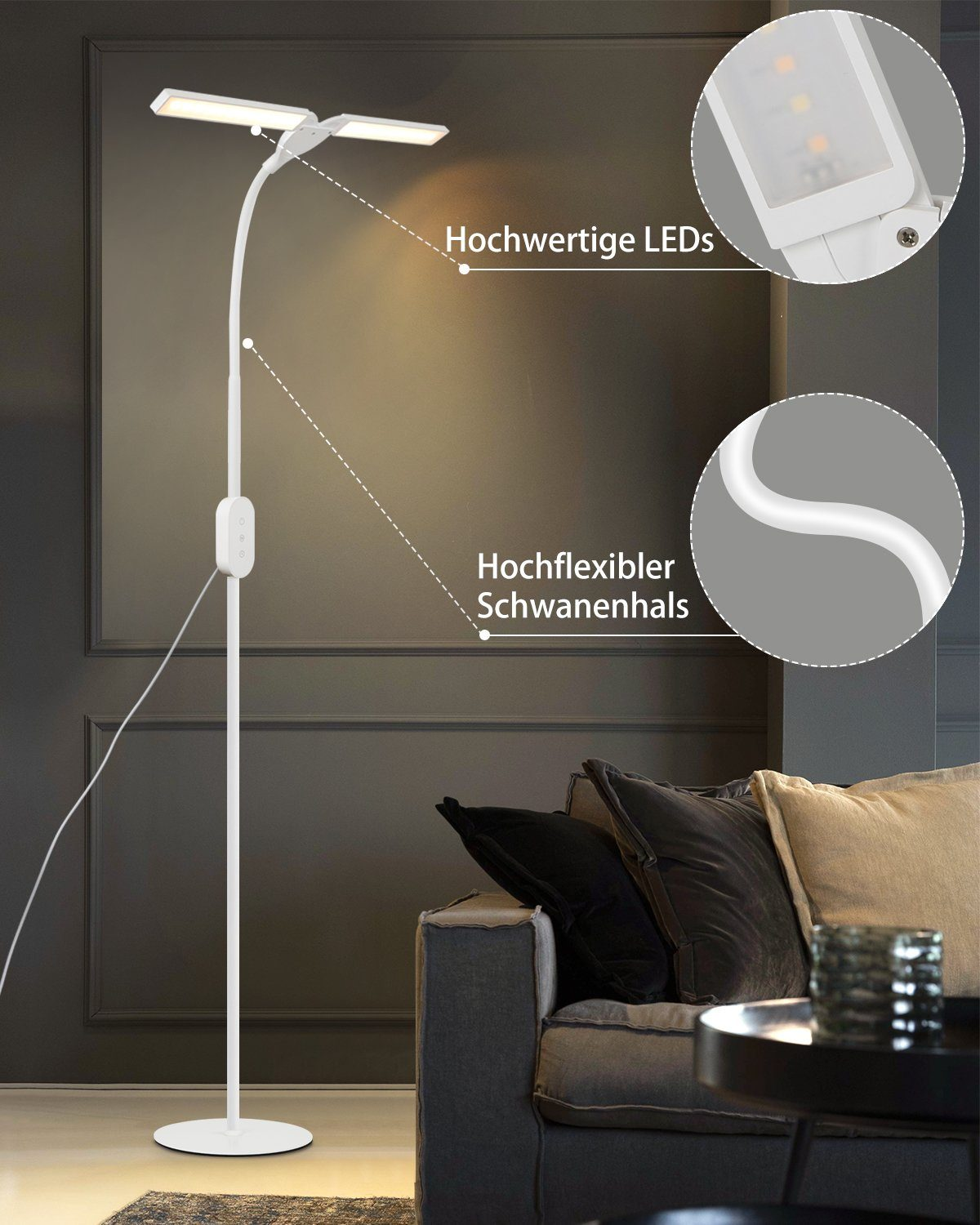 Lampada da terra bianca con due luci a LED, dettagli del collo flessibile e delle luci LED.