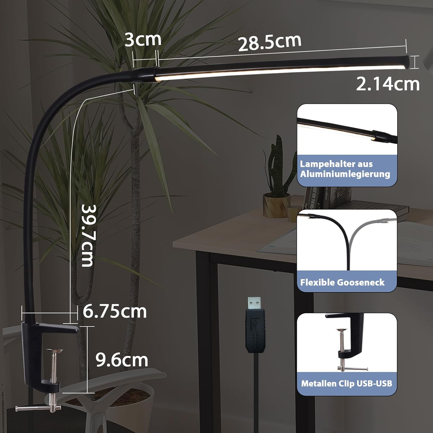 Czarna lampa biurkowa z elastyczną szyjką i kablem USB.