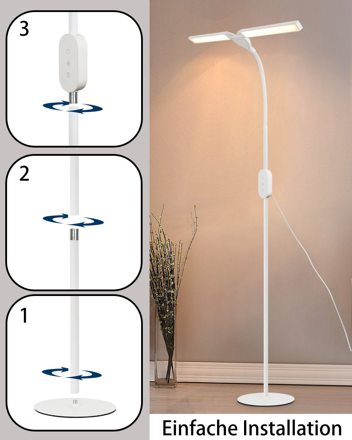 Una lampada da terra bianca con una doppia sorgente luminosa. Sono mostrate le istruzioni per montare la lampada.