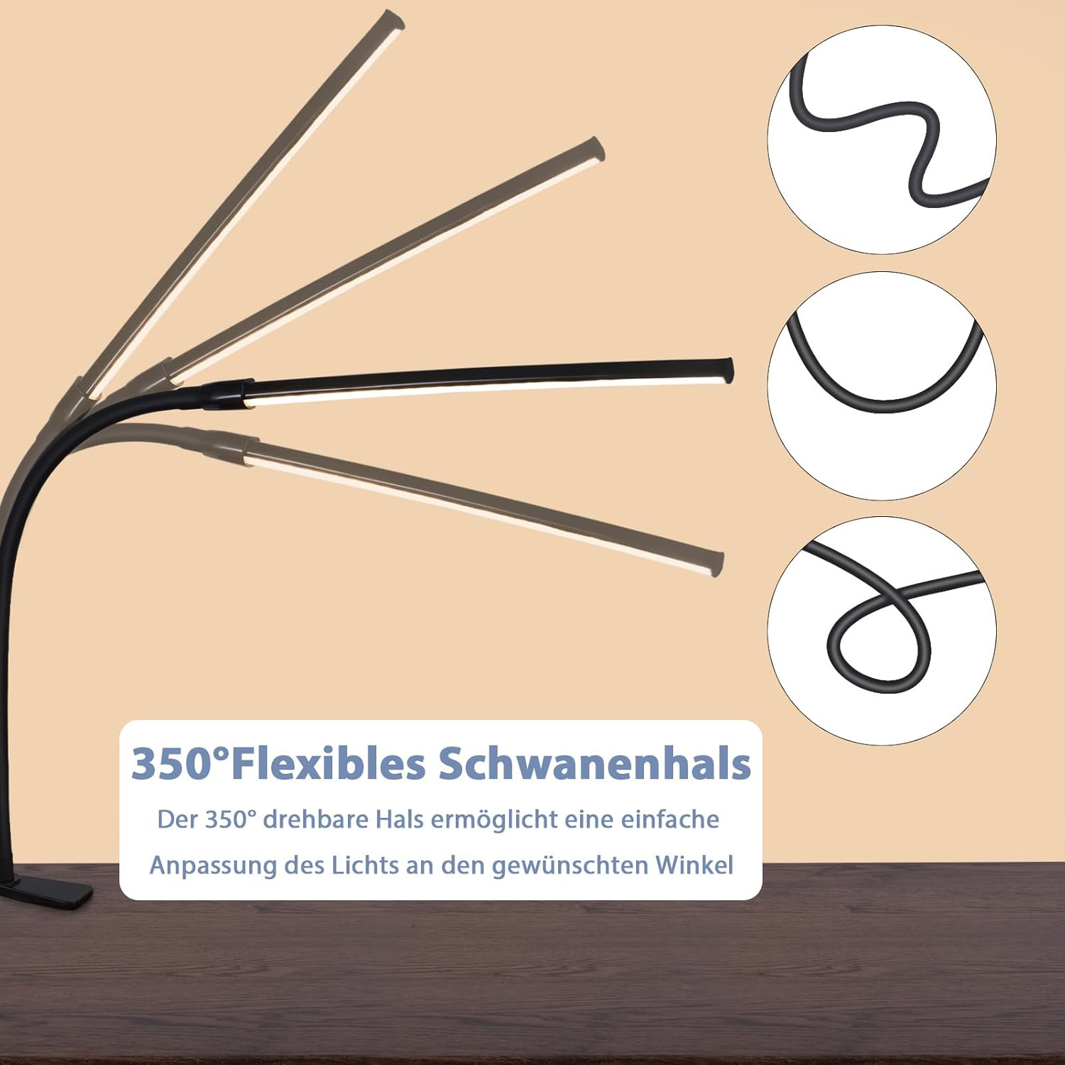 Czarna lampa biurkowa z regulowanymi panelami świetlnymi, różne kąty.