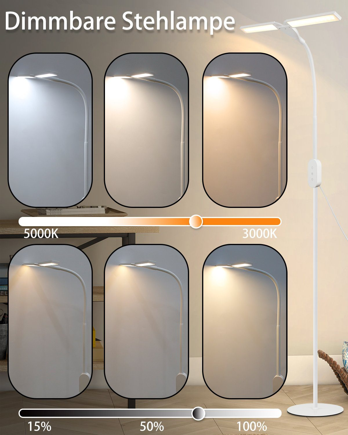 Una lampada da terra che mostra le impostazioni di colore e intensità della luce, un design bianco e grigio.