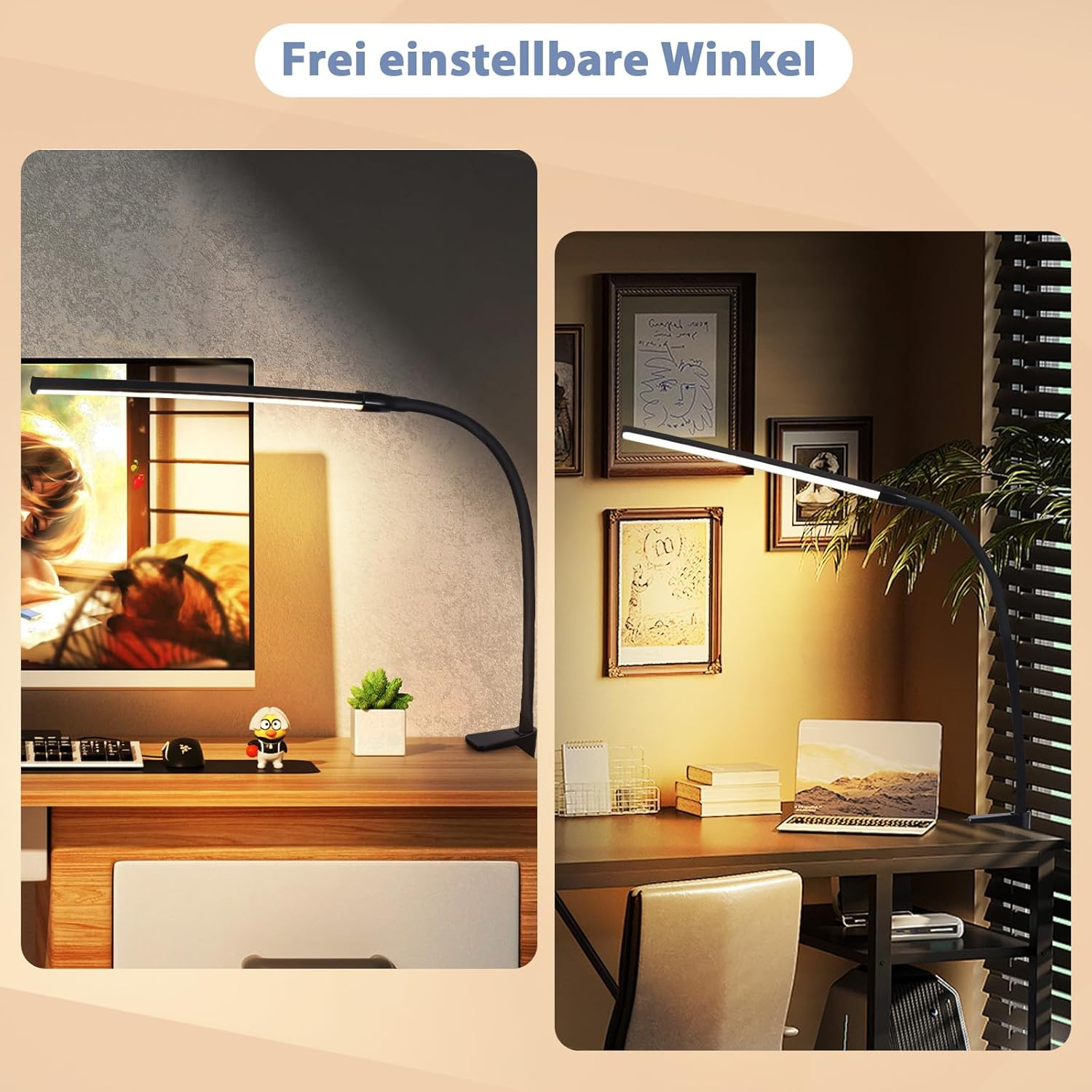 Dwa zdjęcia czarnej lampy biurkowej z zakrzywionym ramieniem, jedno na biurku, drugie z dziełami sztuki.