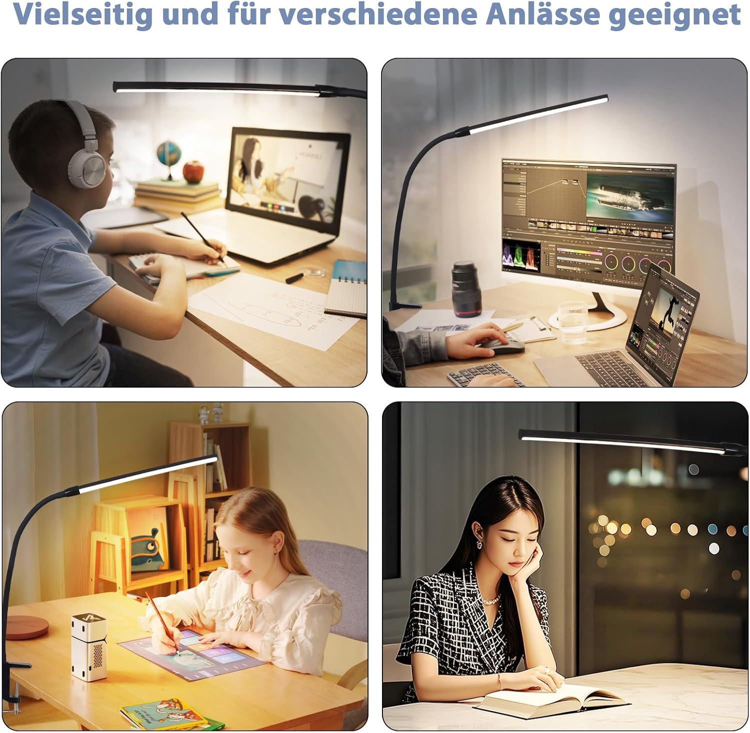 Cztery obrazy przedstawiające osoby korzystające z lamp biurkowych do różnych czynności, wszystkie na białym tle.