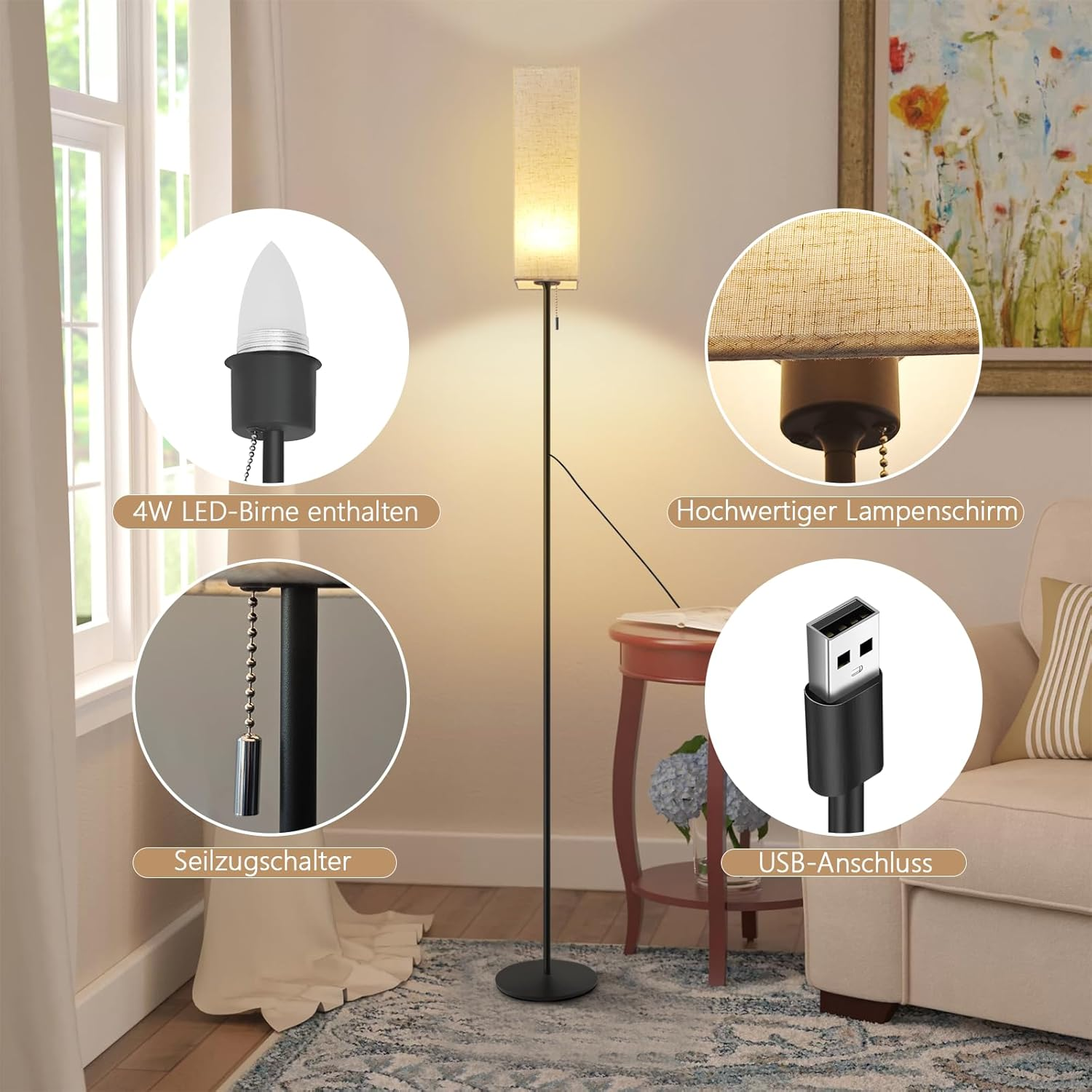 Lampa podłogowa z białym abażurem. Szczegóły: żarówka, łańcuszek i USB.