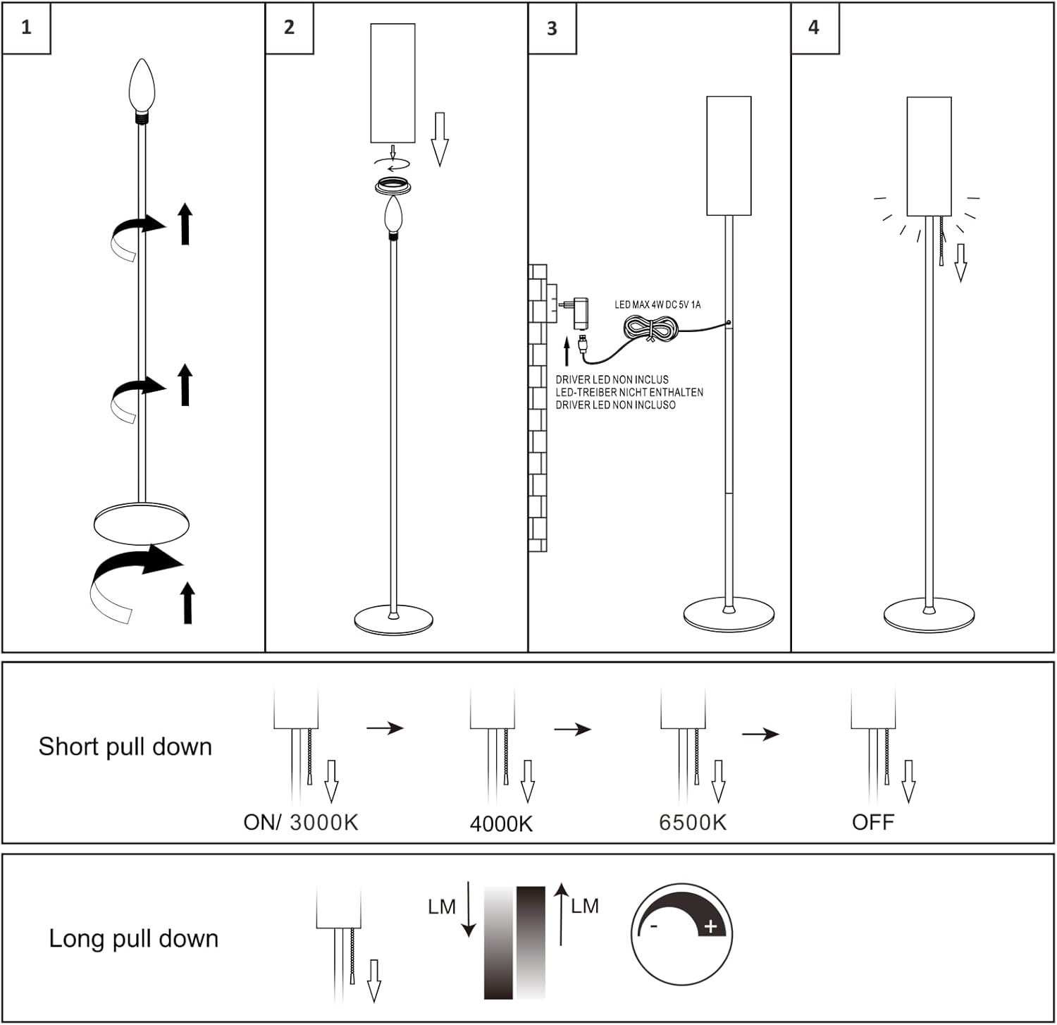 Diagramma che mostra i passaggi per assemblare una lampada. Include frecce e istruzioni testuali.