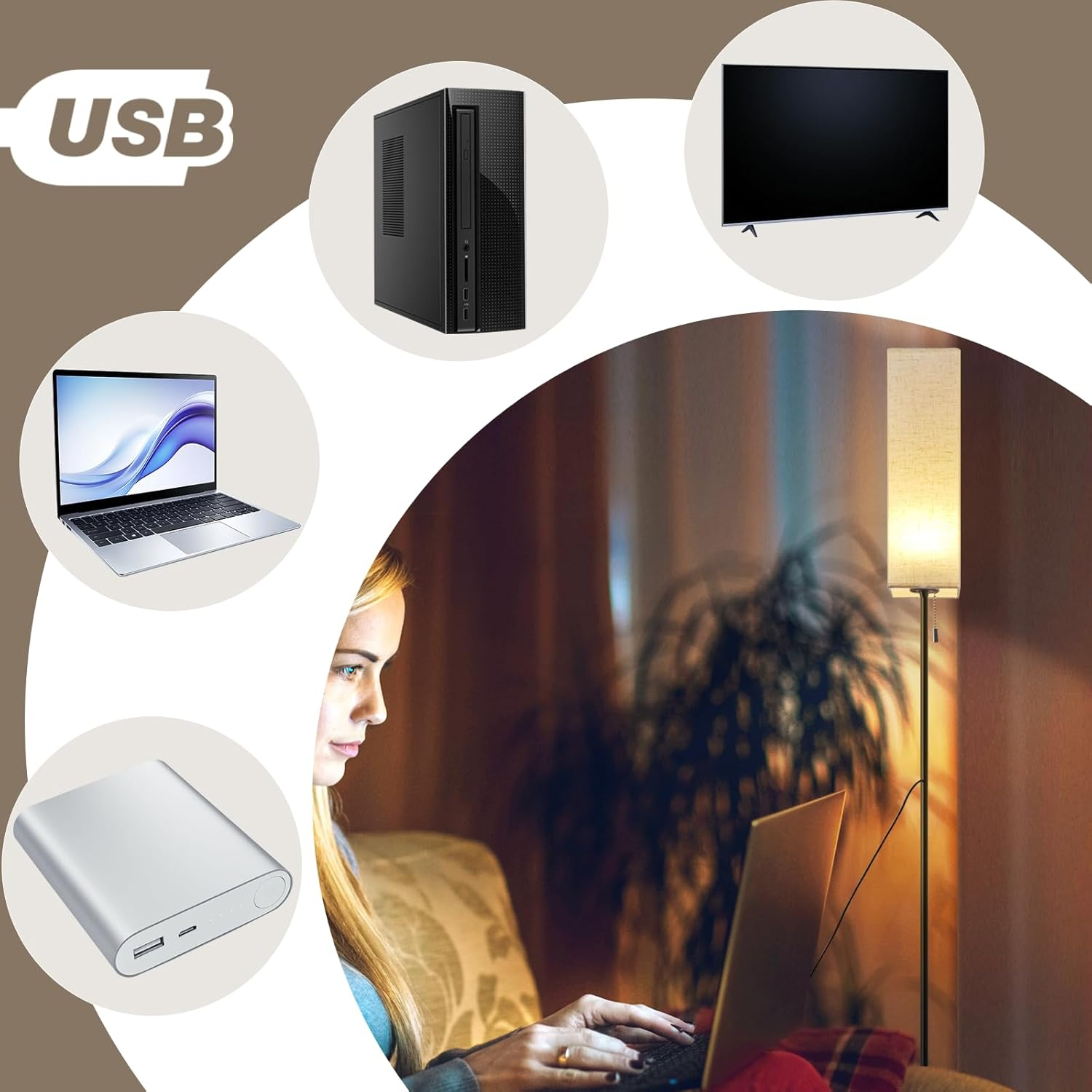 Kobieta korzystająca z laptopa, otoczona komputerem, telewizorem, power bankiem i lampą.