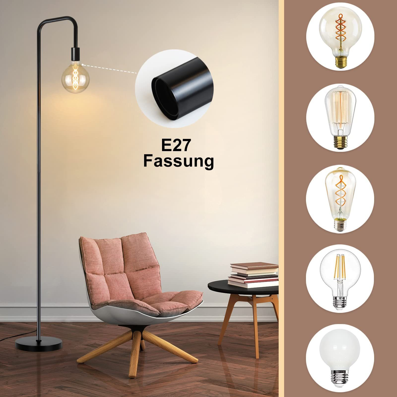 Eine schwarze Stehlampe mit großer Glühbirne und alternativen Optionen, neben Stuhl und Tisch.