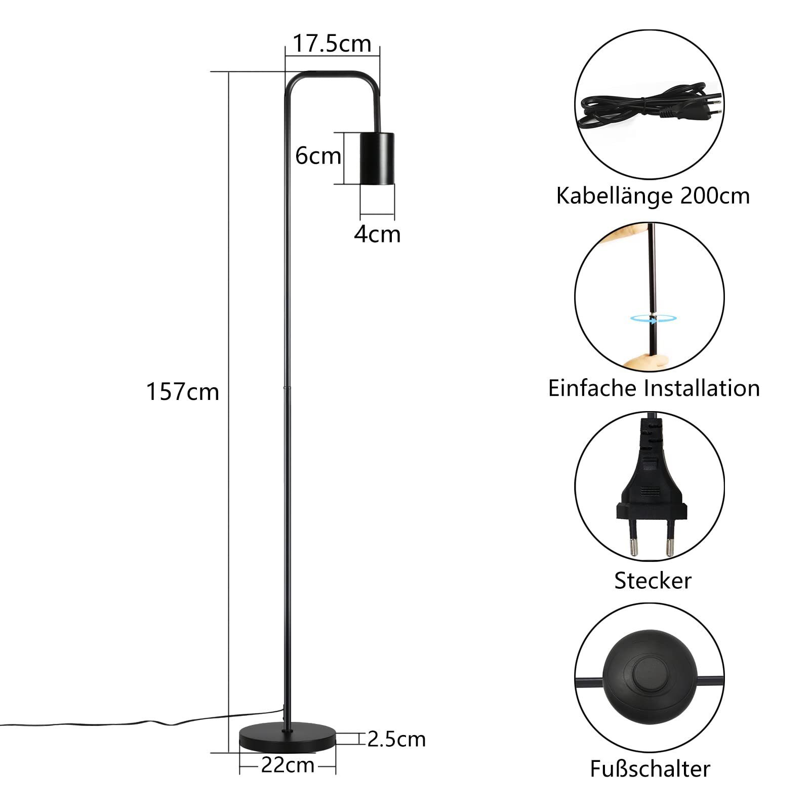 Eine schwarze Stehlampe mit Maßen. Sie hat einen zylindrischen Kopf und einen runden Sockel. Der Hintergrund ist weiß.