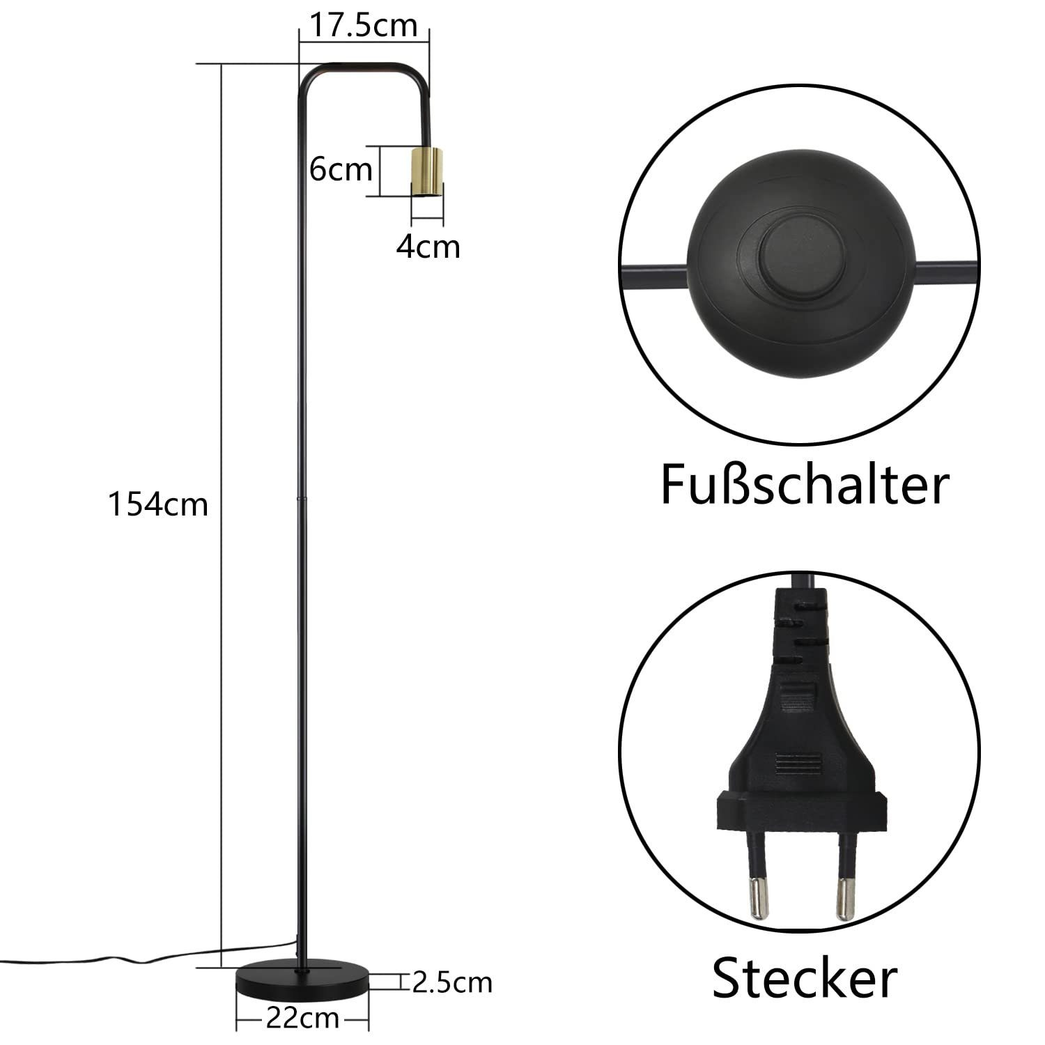 Lampada da terra nera alta con parte superiore dorata e base circolare. Le dimensioni sono indicate.