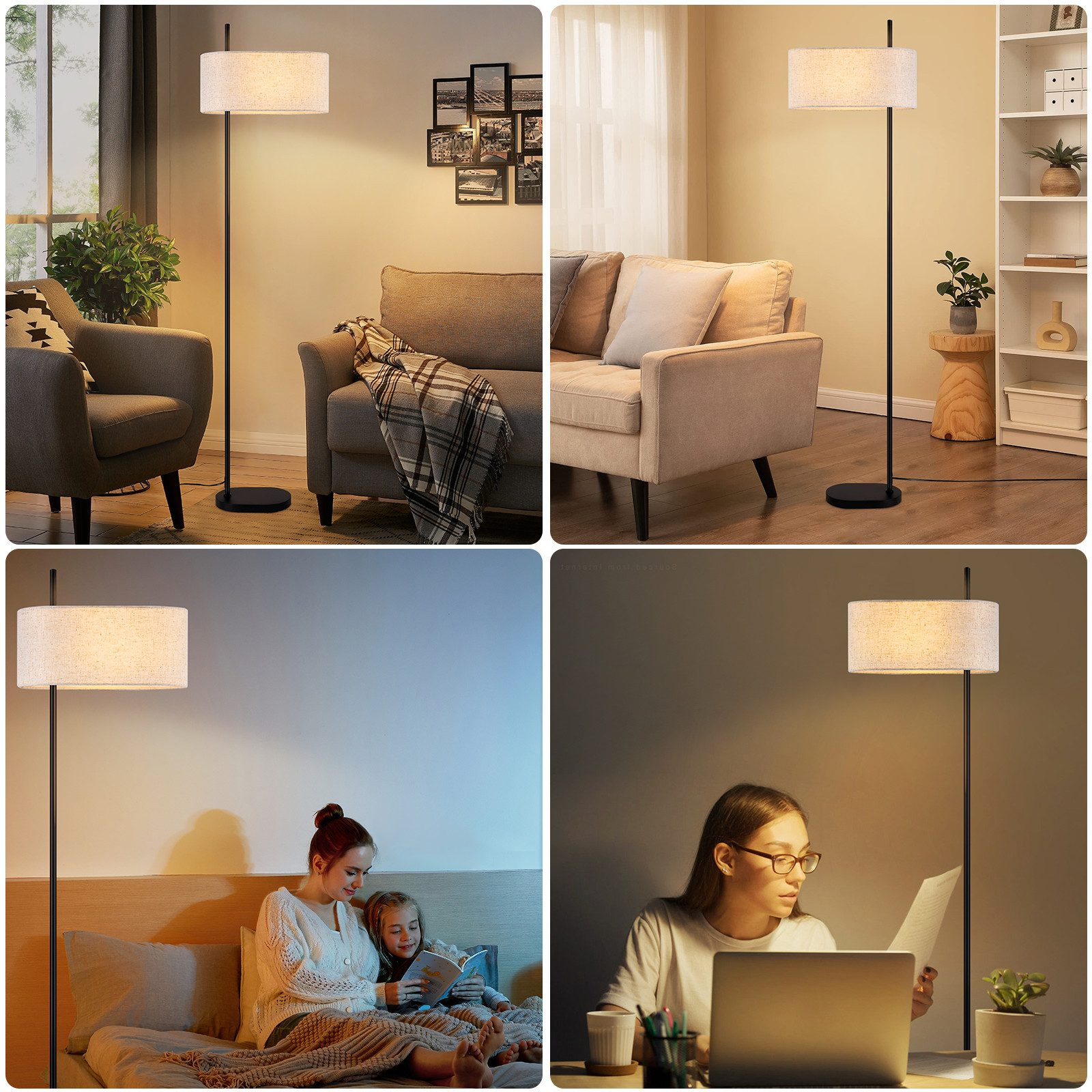 Mehrere Szenen, die Stehlampen zeigen: Lesen, Arbeiten und in einem Schlafzimmer.