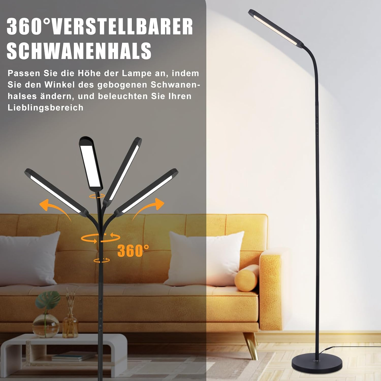 Una lampada da terra nera con illuminazione regolabile. Un divano giallo è sullo sfondo.