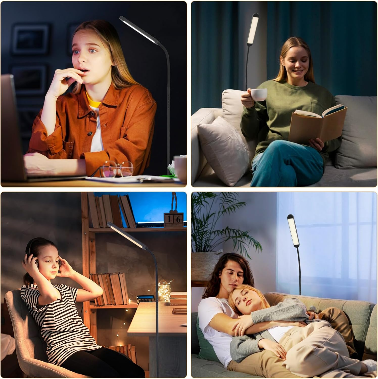 Quattro immagini che mostrano persone che usano una lampada da scrivania in diverse situazioni.