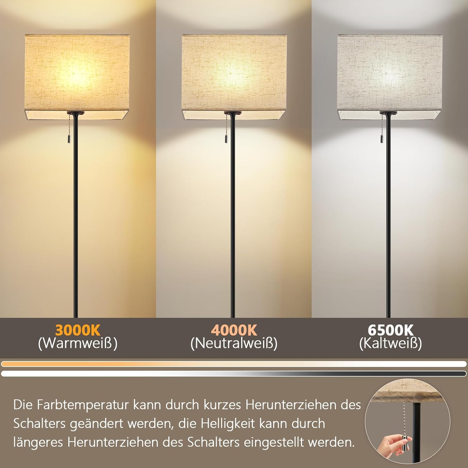 Lampy podłogowe z trzema różnymi temperaturami światła (3000K, 4000K, 6500K). Przełącznik po prawej.