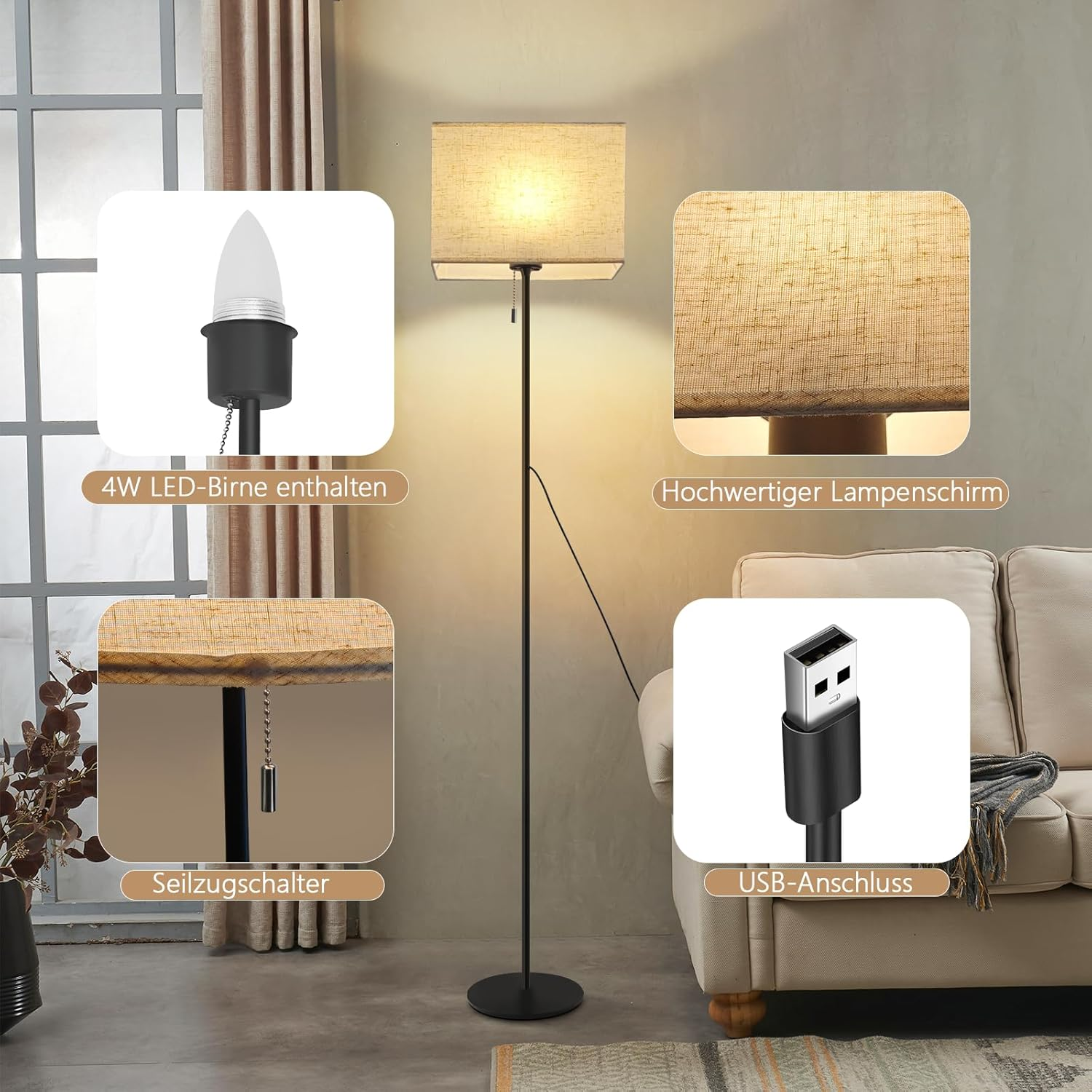 Czarna lampa podłogowa z beżowym abażurem, portem USB i włącznikiem sznurkowym.