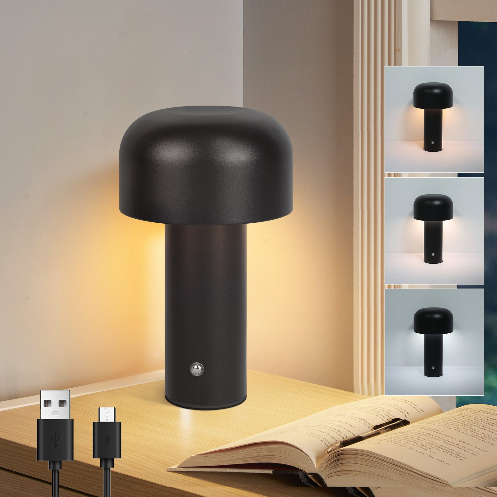 Czarna lampka nocna z trzema ustawieniami światła. Kabel USB i otwarta książka na stole.