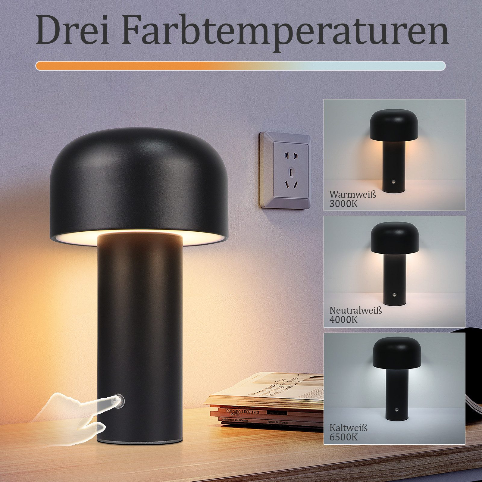 Czarna lampa stołowa z różnymi ustawieniami światła i trzema dodatkowymi obrazami lamp obok.